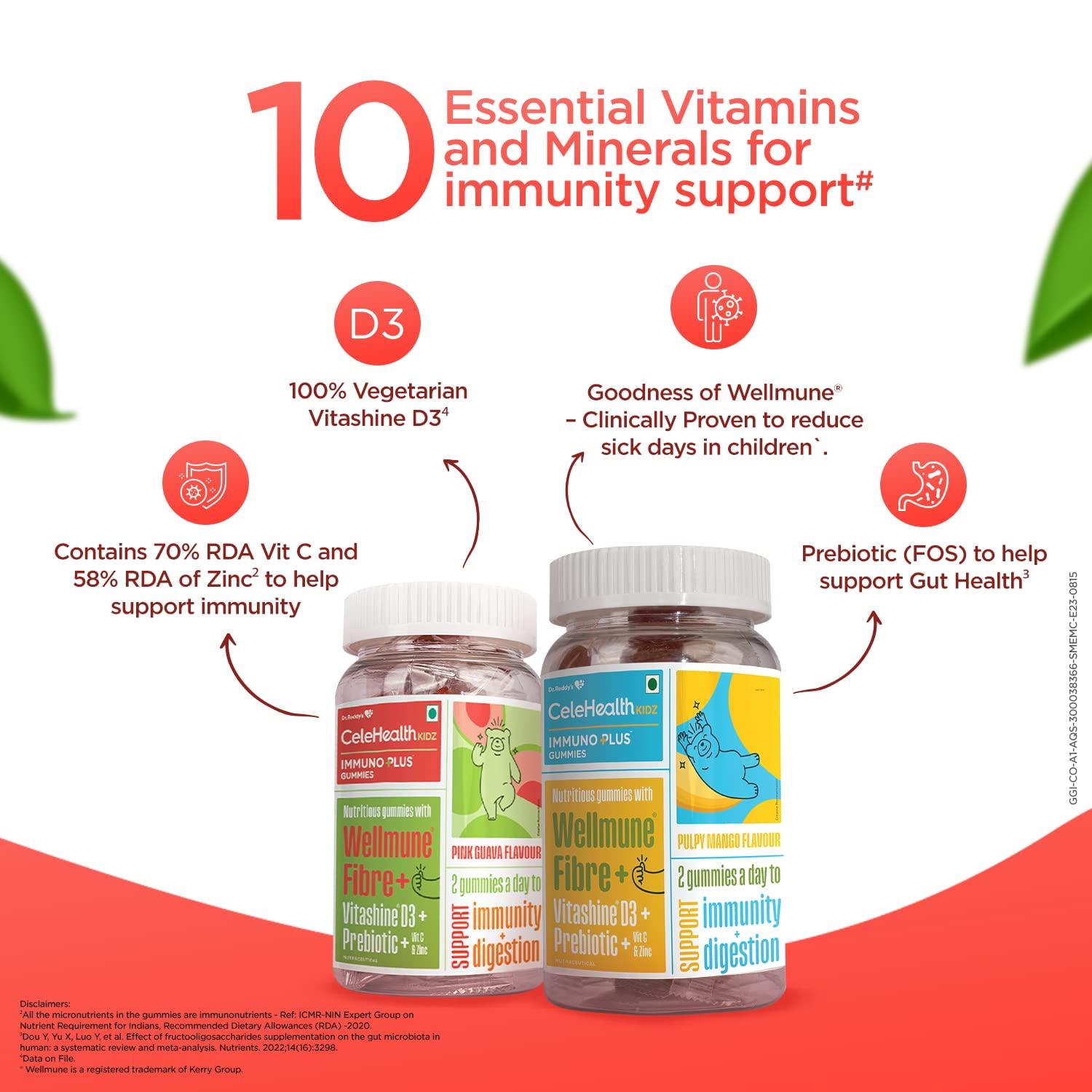 Celehealth Dr. Reddy's CeleHealth Kidz Immuno Plus - 30 Gummies | Pink Guava with Wellmune, Vitamin C & Zinc to support child's immunity (Pack of 4)