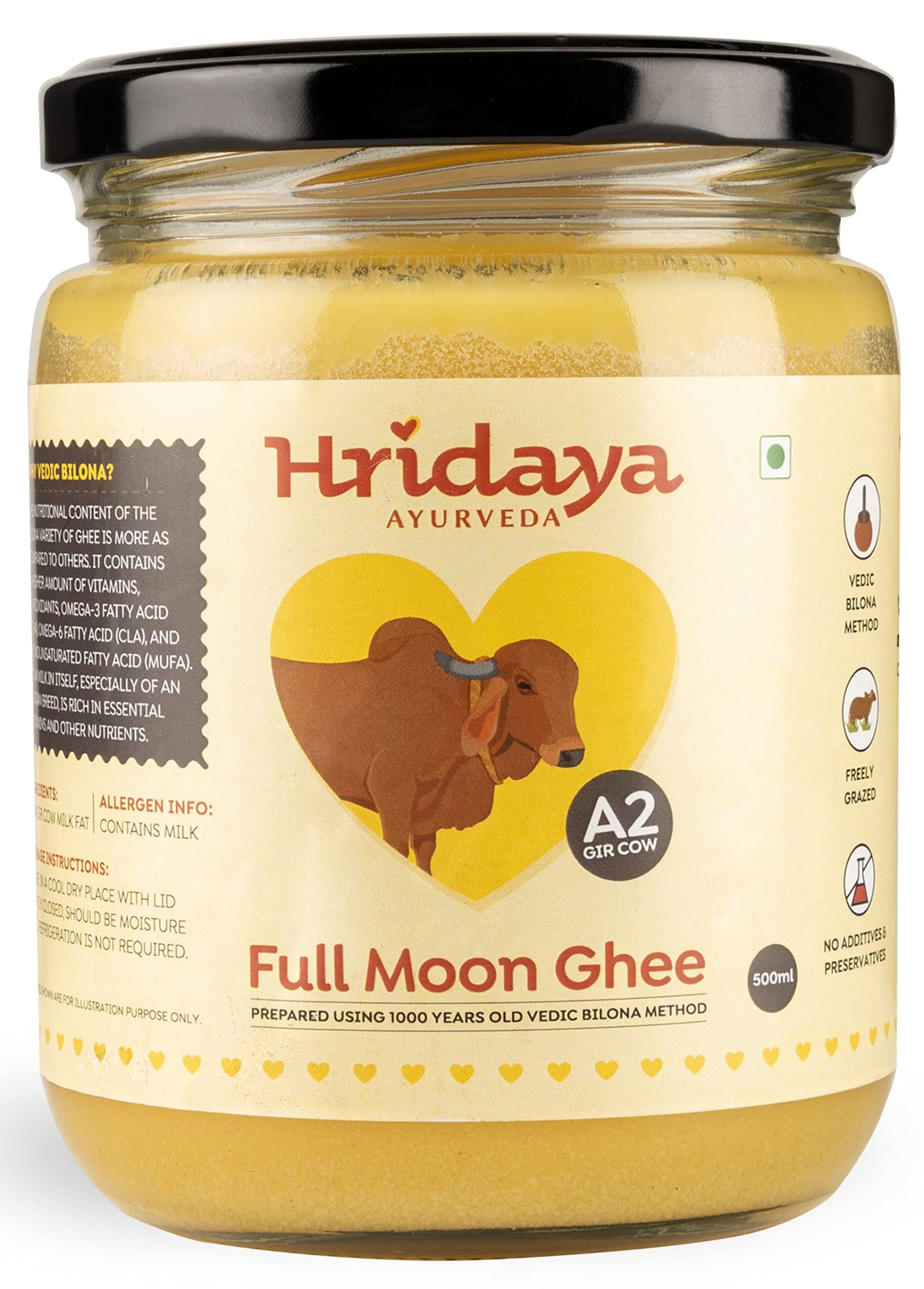 HRIDAYA AYURVEDA Hridaya Ayurveda A2 Gir Cow Ghee 500 ml - Vedic Bilona Method Curd Churned Ghee from Freely Grassed Cow - Unadulterated & Healthy Full Moon Cultured Cow Ghee