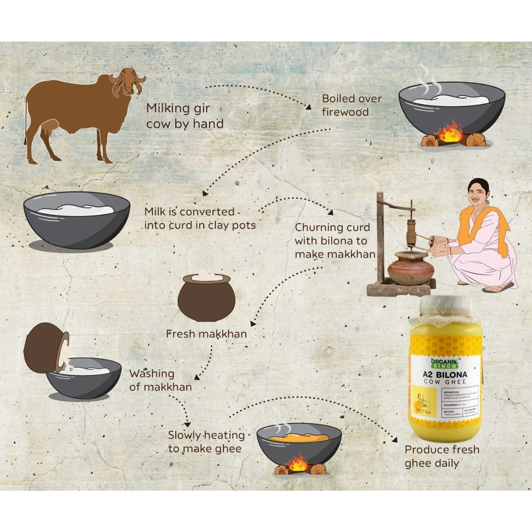 Organik Singh Organik Singh A2 Gir cow desi ghee - 500ml | Vedic Bilona Method | A2 Certified | Curd-Churned Desi Gir cow ghee | Grass-fed Gir Cows | Lab Tested | Packed in Glass Jar
