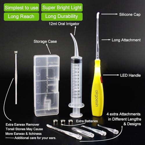 airgoesin Airgoesin Lighted Tonsil Stone Remover Tools or Earwax Removal Tools, Yellow, 3 Tips, Tonsillolith Pick Case + 1 Irrigator Cleaner : Yellow