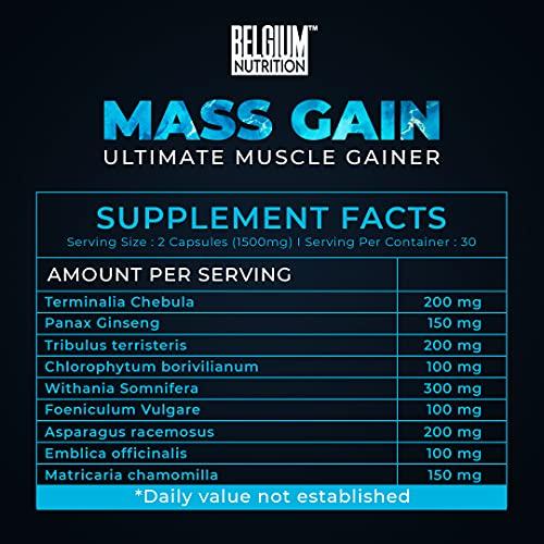 Belgium Nutrition Belgium Nutrition Bulk Gain Mass & Weight Gainer Capsule for Fast Weight & Muscle Gain, Muscle Building Weight Lifters Supplement Muscle Growth, Stamina & Strength - Men & Women, 60 Cap. | Free Shaker