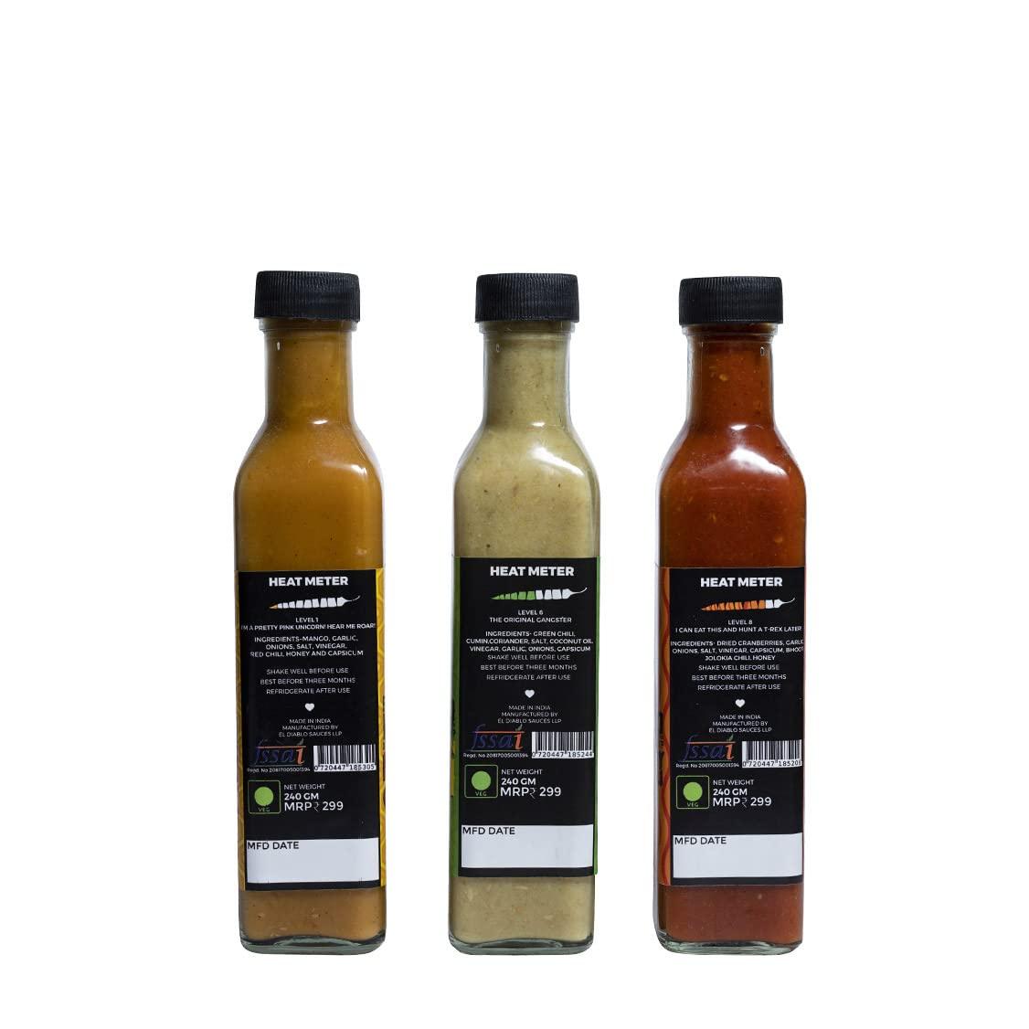 El Diablo Sauces All Natural Ingredient Gluten Free Spicy Hot Starter Sauces Combo Mango Garlic + Smoked Green Chili + Cranberry Ghost Chili Pack of 3