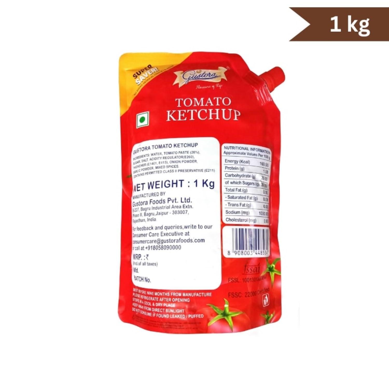 Gustora Gustora Real & Natural Tomato Ketchup I Super Saver Combo I Rich & Smooth I Vegetarian I No Onion No Garlic Jain Tomato Ketchup (950 gm) I No Preservatives & Artificial Color (1.95 Kg)