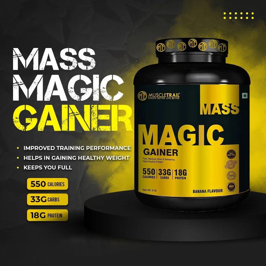MUSCLETRAIL Muscle Trail Magic Mass Gainer Powder | 550 Calories | 33g Carbs |18g Protein | High in calories & Muscle Growth | 45 serving | 2.7 kg | (Vanilla Flavour)