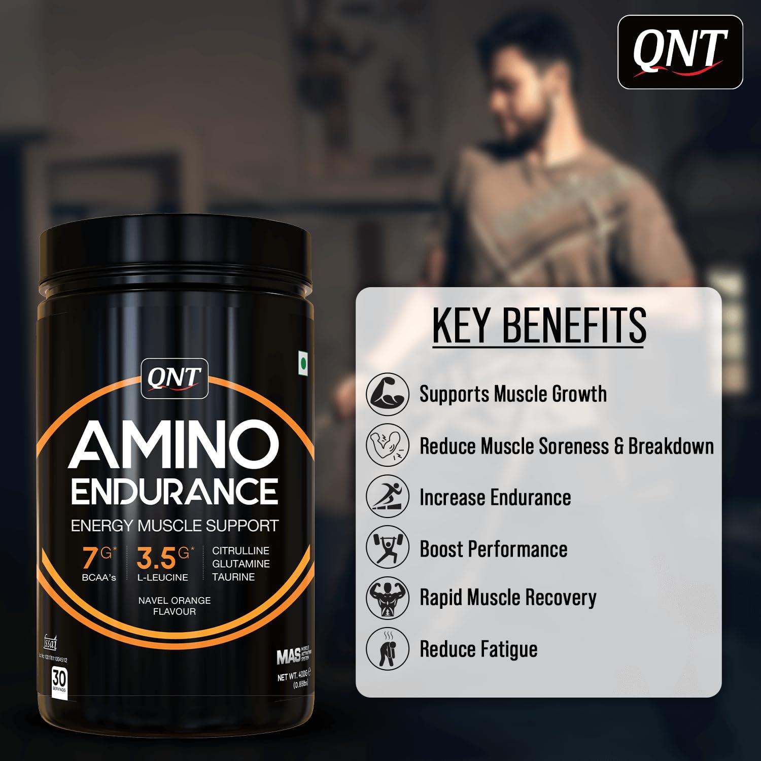 QNT QNT Amino Endurance (BCAA)| 400g | Lemon flavor | 30 Servings (7g BCAA, 3.5g L-Leucine, Vitamin B6) Supports Muscle Building & Recovery