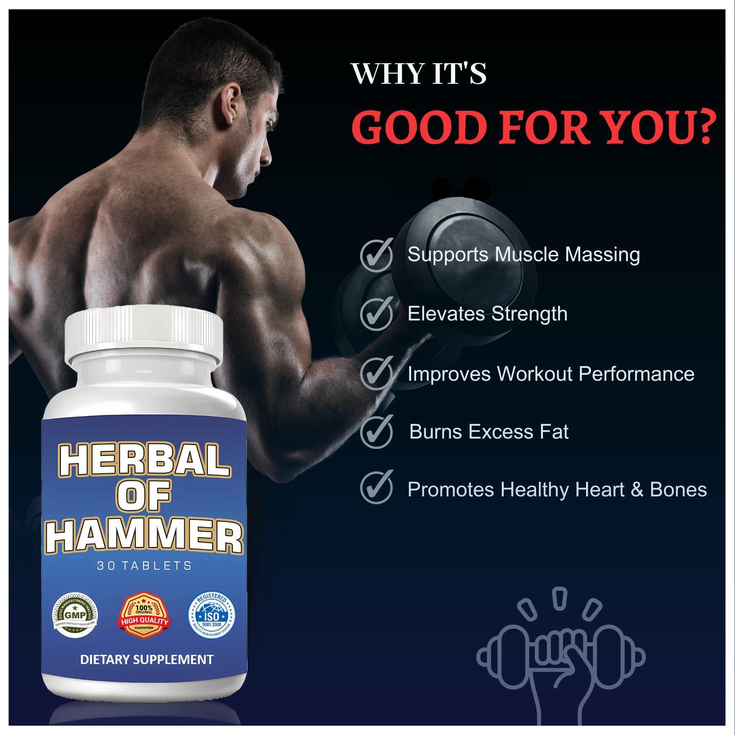 Herbal Hammer Herbal Hammer|Ayurvedic Strength,Energy Booster| Helps Restores Energy & Hardens Relaxing Muscles Safed Musli,Ashwagandha,Gokshura | Clinically Approved| 30 Tablets | Pack Of 2