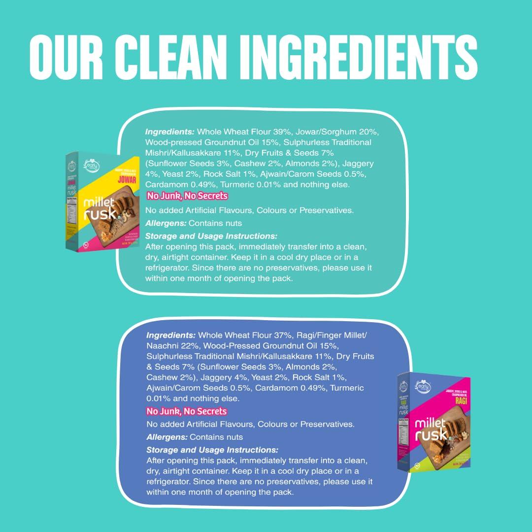 Early Foods Early Foods Assorted Pack of 2: ZERO MAIDA Ragi Rusk & Jowar Rusk | Sugar Free Millet Rusk with Jaggery | No Maida Rusk with Whole Wheat Rusk | Kids Snack | Tea Toast | Millet & Atta Rusk 230g x 2