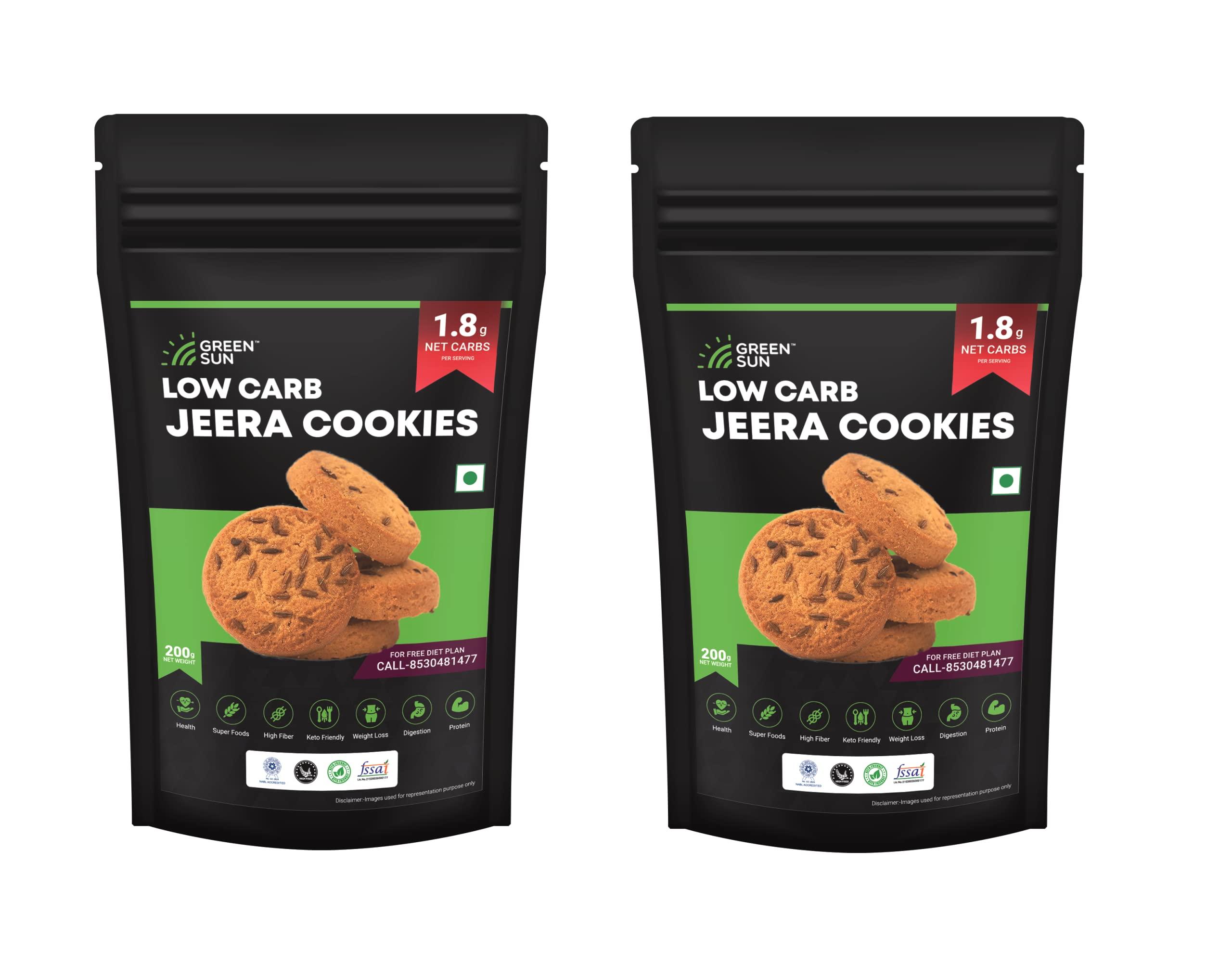 GREEN SUN Green Sun Low Carb Jeera Cookies|Pack of 2 | 0.6 g Net Carb Per Biscuit | Keto Friendly| Sugar Free | Natural Sweetener Stevia |Healthy | High Fiber | Super Foods | Crispy