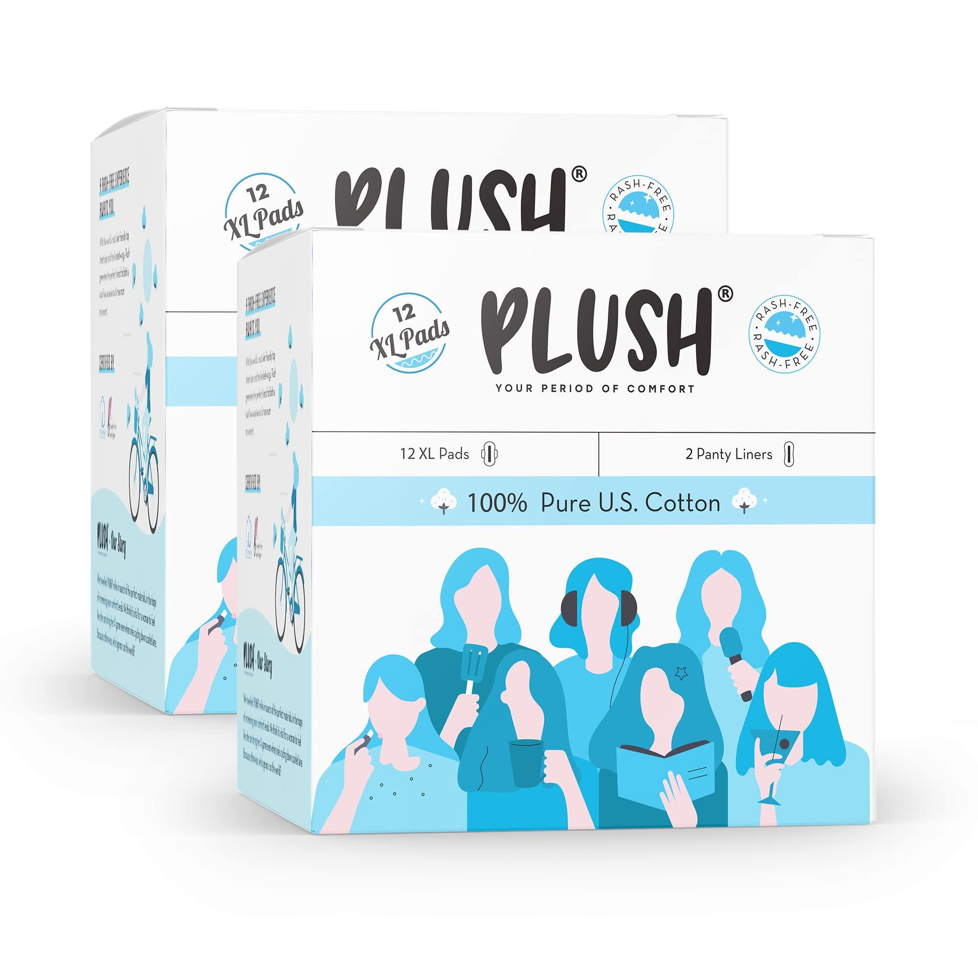 PLUSH Plush Ultra-Thin Sanitary Pads for Women, 12 XL Pcs- Pack of 2 | For Medium Flow | 2 Free Panty Liners | 100% Rash-Free | Pure U.S. Cotton Pads | Affordable Sanitary Pads