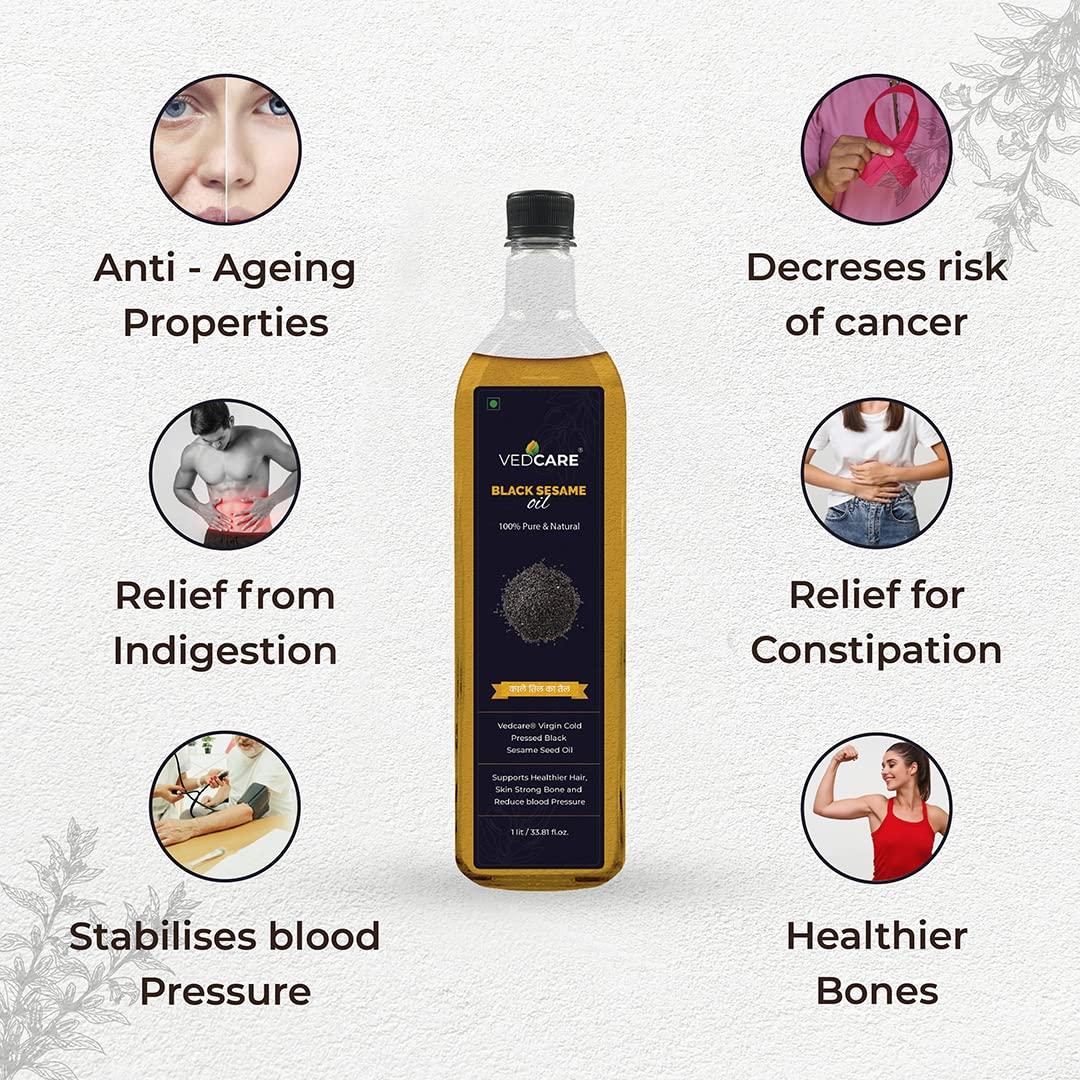 VEDCARE Vedcare Virgin Cold Pressed Black Sesame Seed Oil/Til ka Tel for Cooking, Diet, Hair & Body Massage (1 Liter)