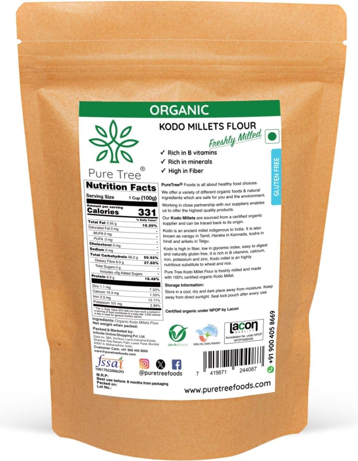 Pure Tree Pure Tree Certified Organic Kodo Millet Flour | 1900 g | Varagu Kodri Atta | Kodo Millet Arikelu Organic Millets | Cow Grass Gluten-Free Atta Kodra Millet | Unpolished Millets Flour Dehusked