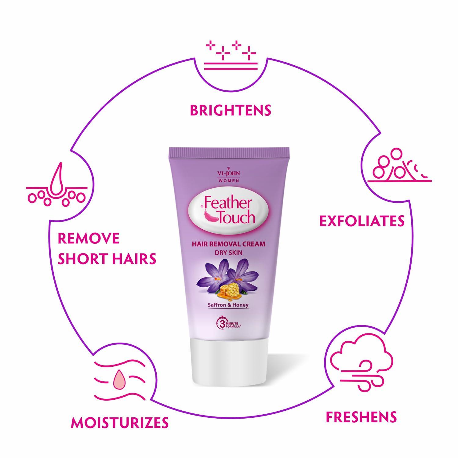 VI - JOHN VI-JOHN Feather Touch Saffron & Honey Hair Removal Cream, for Dry Skin, Suitable for Legs, Underarms, Bikini Line, Arms - 40g Pack of 4