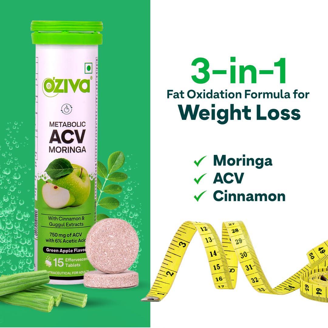 OZiva OZiva ACV Moringa | Control Cravings I Apple Cider Vinegar, Cinnamon, Guggul I No Maltodextrin & No Added Sugar I 15 Effervescent Tablets - Green Apple, Pack of 8 (120 Tablets)