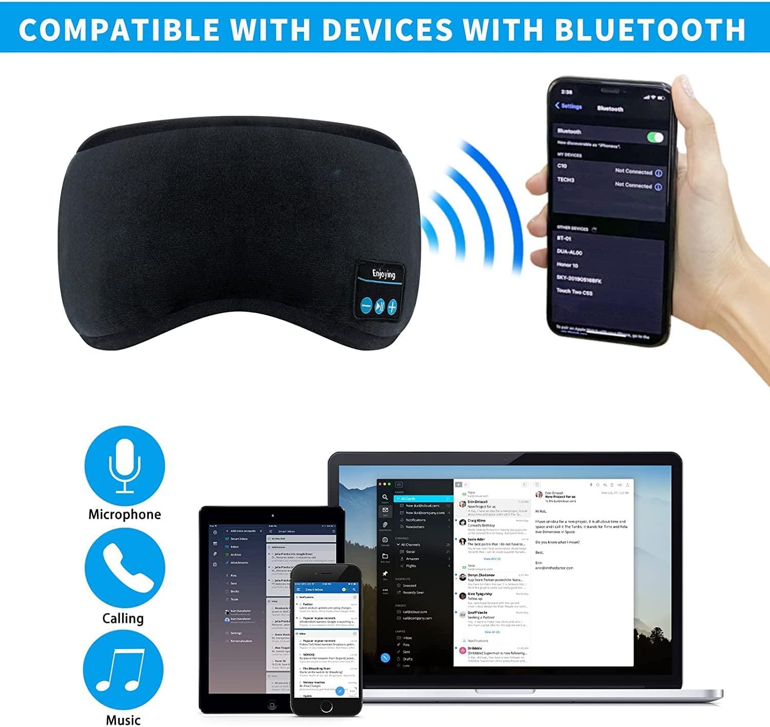 Hidak Hidak Sleep Headphones Wireless Bluetooth Eye Mask - Music Travel Sleep Mask Bluetooth 5.0 Wireless Handsfree Sleeping Eye Mask with Speakers Microphone for Side Sleepers Washable (Black)