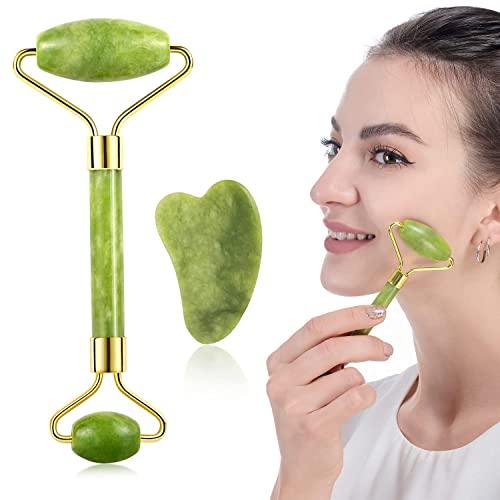 KILO COOL HVAC Jade Roller and Gua Sha Set for Beautiful Skin Detox - Facial Body Eyes Neck Massager Tool Reduce Wrinkles Aging - Original Natural Jade Stone
