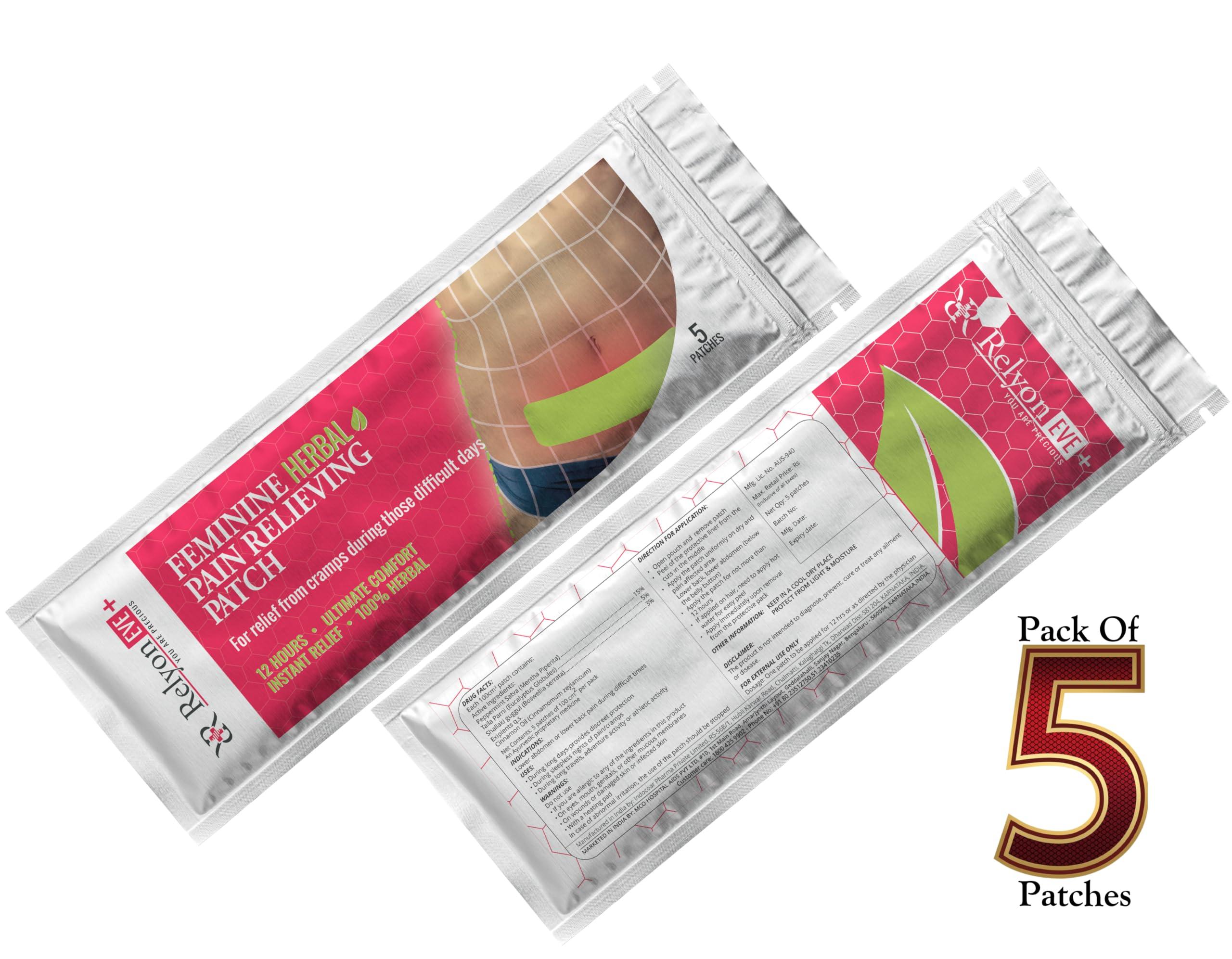 Relyon EVE RELYONEVE E Herbal Pain Relief Patches - Menstrual pain Cramps -Back pain -World first trasndermal patch with Boswella- Instant Releif Plaster & Patch (5 Patches)