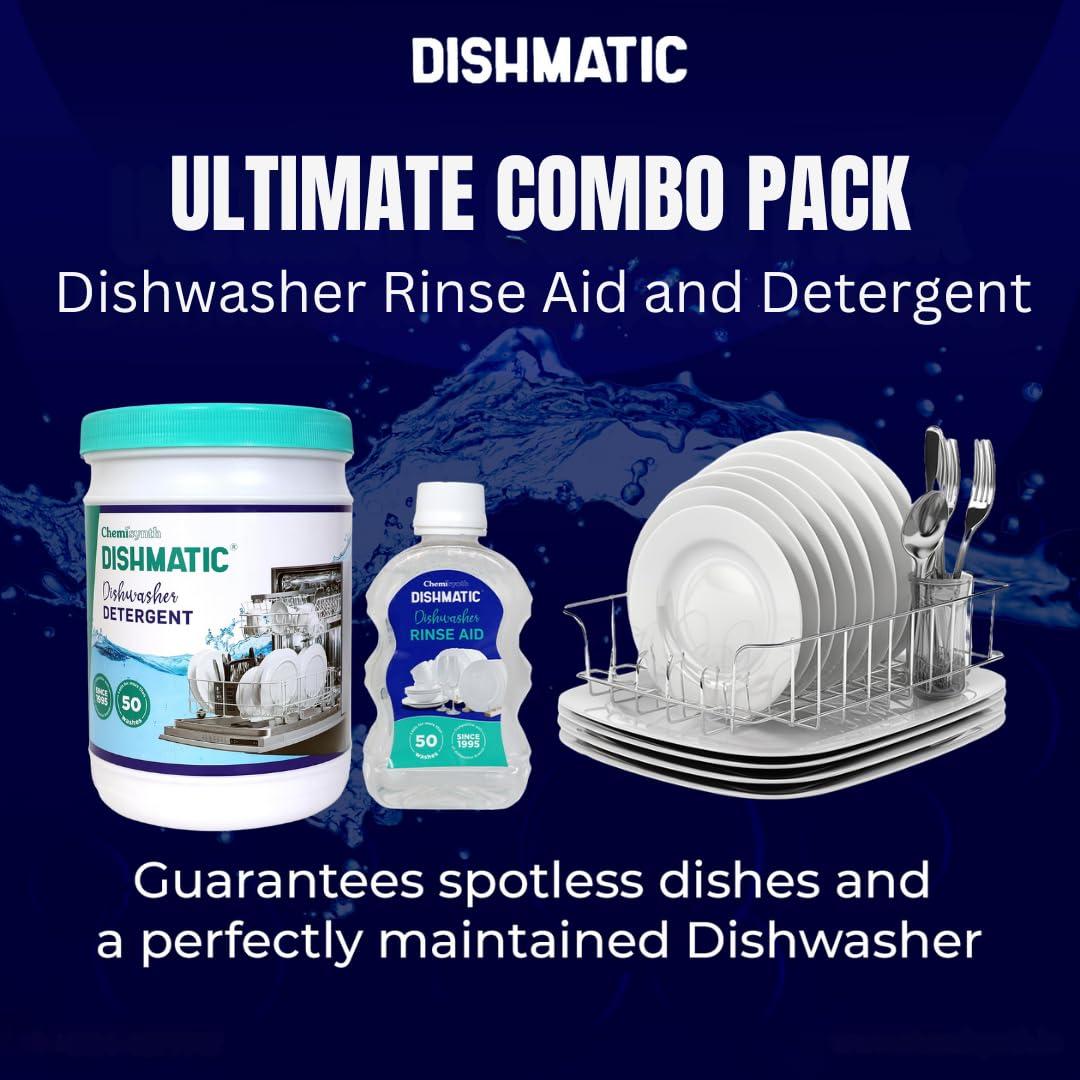 Dishmatic Dishmatic Dishwasher Detergent Powder and Rinse Aid Liquid (1kg + 250 ml) Combo Pack for Sparkling Clean Dishes | Compatible with All Dishwashing Machines