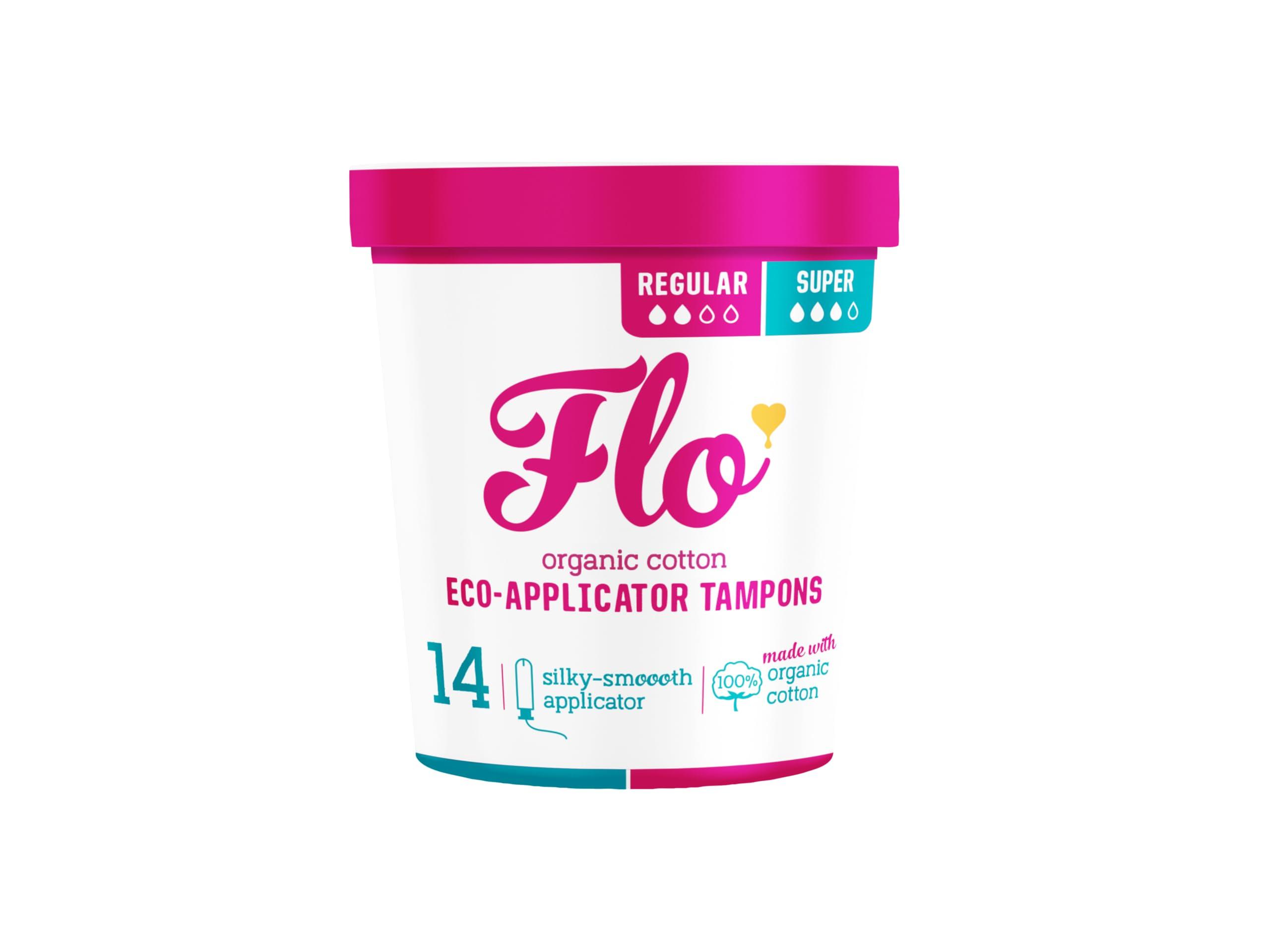 FLO FLO - Organic Applicator Tampons with Width-Wise Expansion, Natural Comfort Cotton, Plant-Based, Biodegradable & Plastic Free, Superior Leak-Busting Protection, Regular & Super Combo Pack, 14 Count