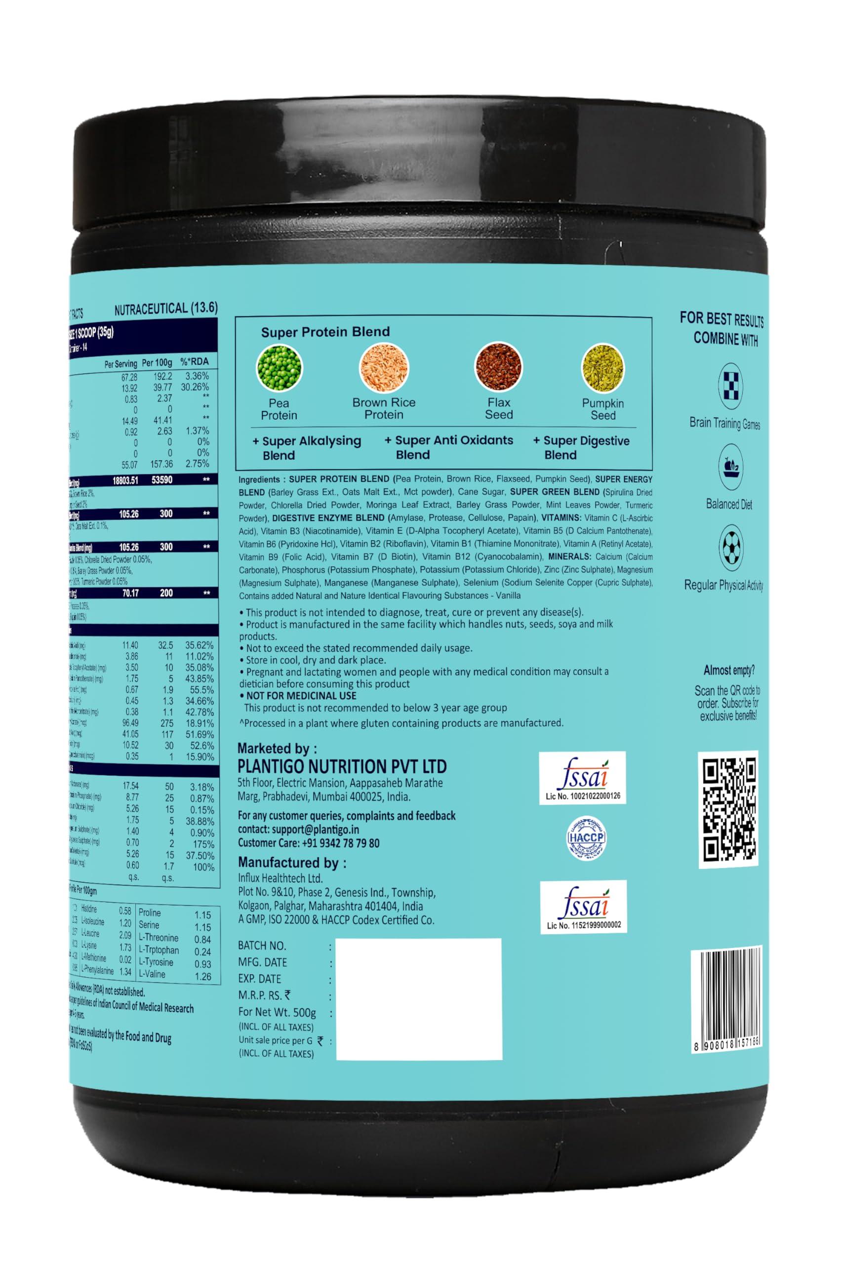 PLANTIGO Plantigo Kids Protein 14g, 11 Vitamins, 8 Minerals, Vegan Nutrition Supplement | Muscle, Bone Growth & Brain Health | Plant Protein Powder for Kids 10+ years | (Vanilla Flavor - 500g + Shaker, 600ml)