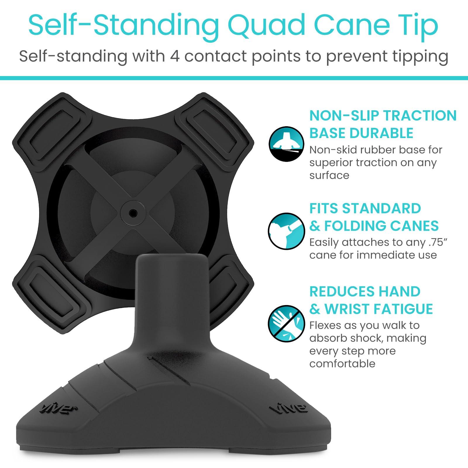 VIVE Vive Self Standing Cane Tip - 3/4 Inch Replacement - Heavy Duty Rubber Quad Base for Walking, Folding & Medical Canes - Stable Grip Traction Attachment - for Men, Women, Elderly & Seniors (Black)
