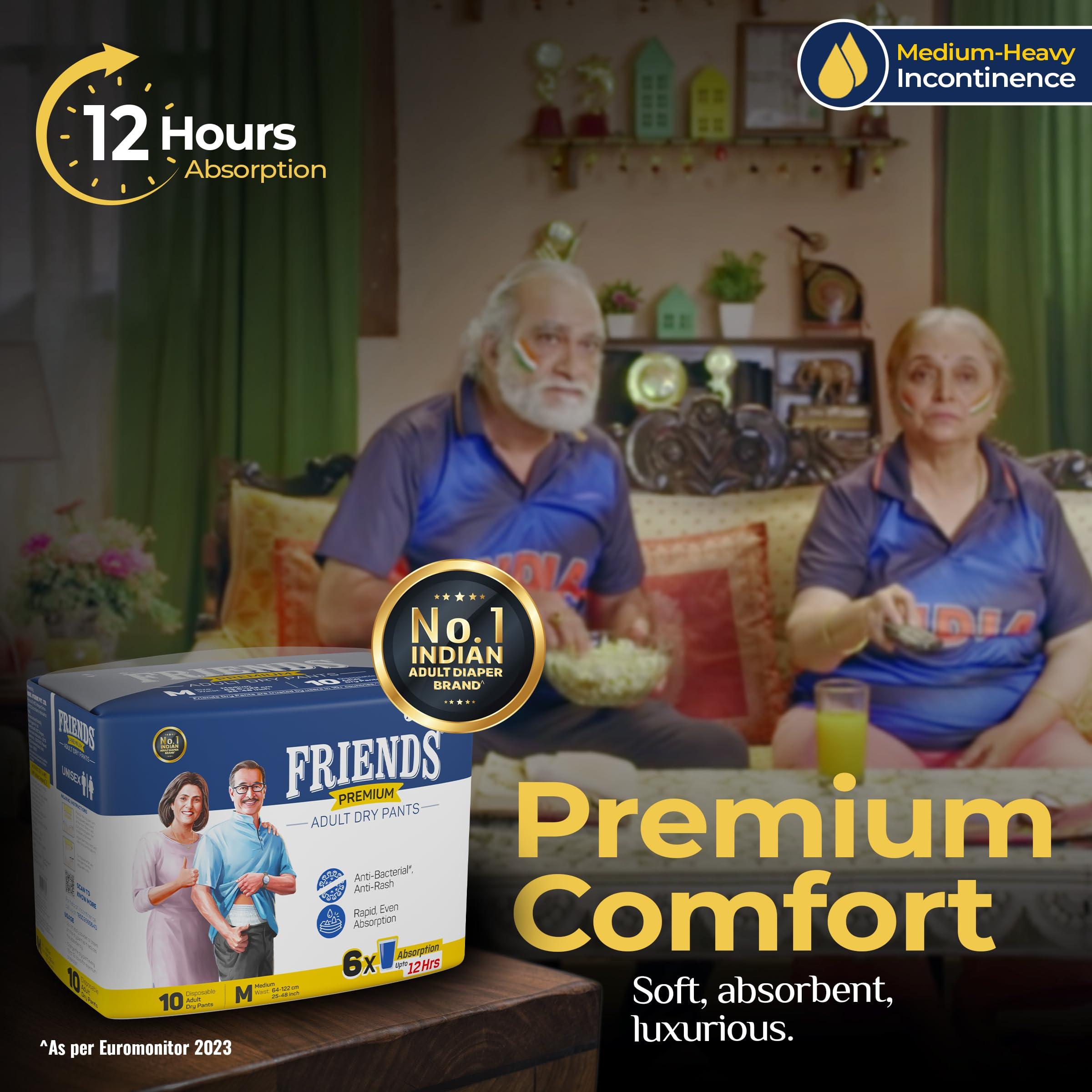 Friends Friends Premium Adult Diapers Pants Style - 60 Count (Medium) with odour lock, Unisex, Leakproof, Elastic Waist and Anti-Bacterial Absorbent Core - Waist Size 25-48 inch; 63.5-122 cm