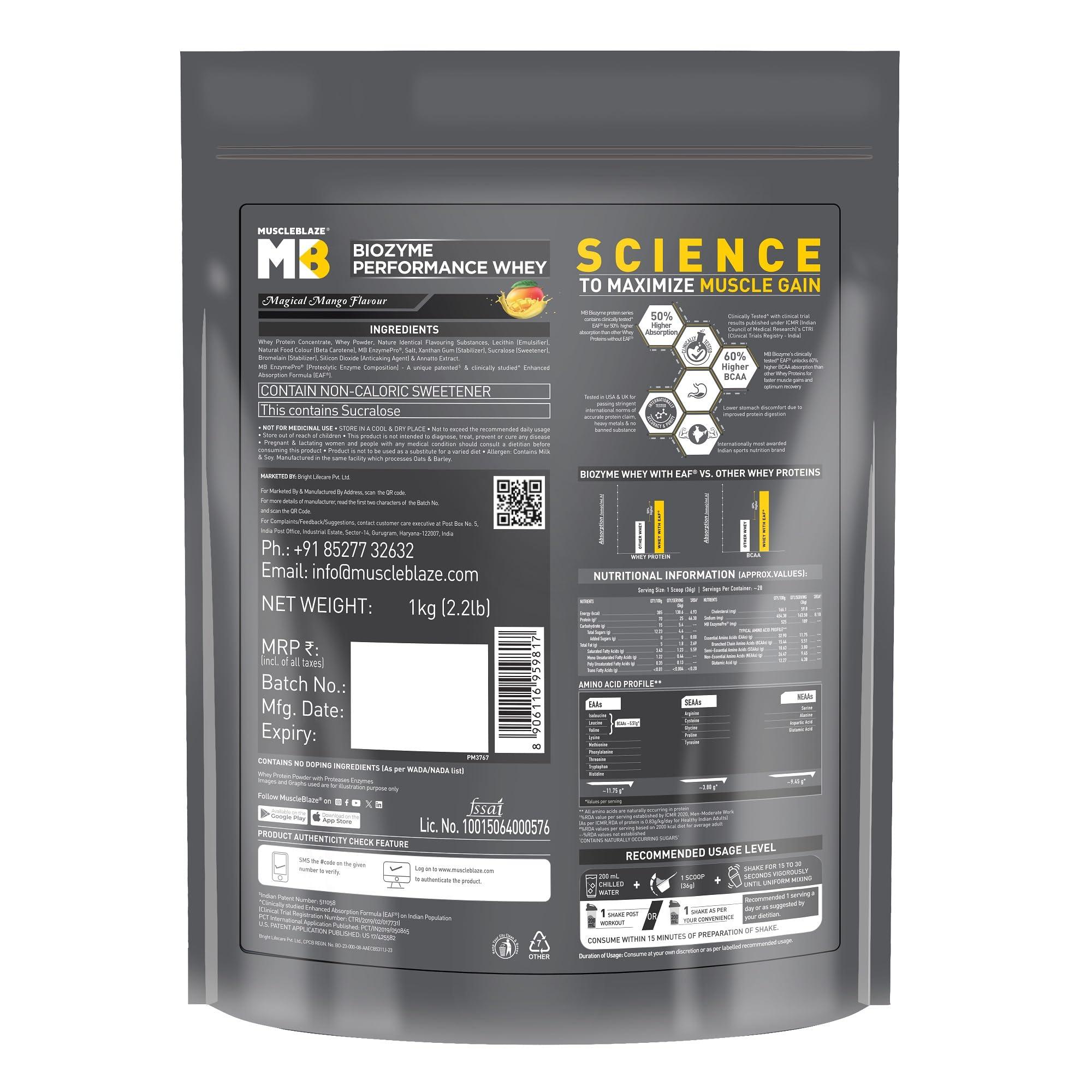 MuscleBlaze MuscleBlaze Biozyme Performance Whey Protein | Clinically Tested 50% Higher Protein Absorption | Informed Choice UK, Labdoor USA Certified & US Patent Filed EAF (Magical Mango, 1 kg Refill Pack)