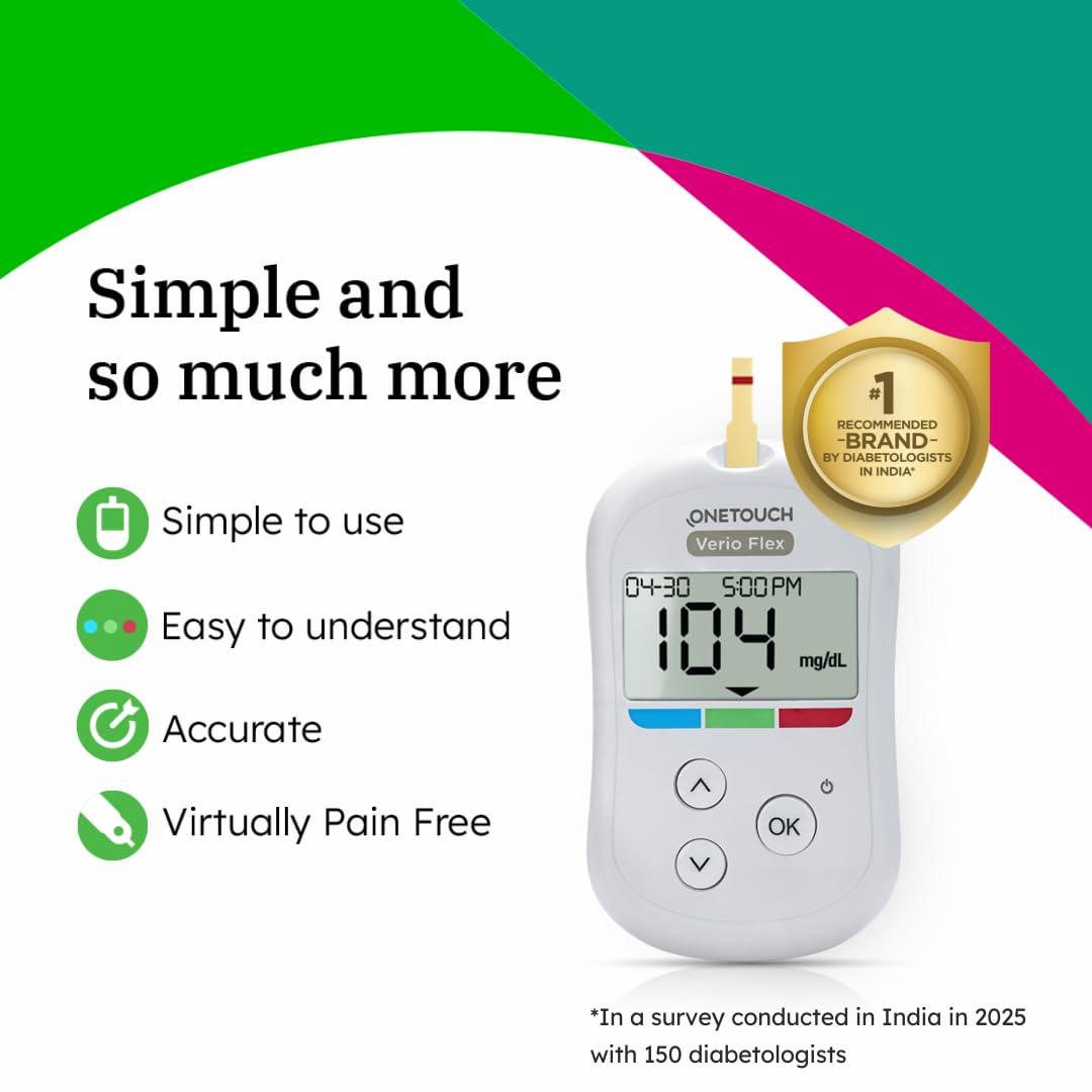 OneTouch OneTouch Verio Flex glucometer machine | Sync your results with OneTouch Reveal mobile app| Simple & accurate testing of blood sugar levels at home | Global Iconic Brand | FREE 10 Test Strips + 10 Sterile Lancets + 1 Lancing device
