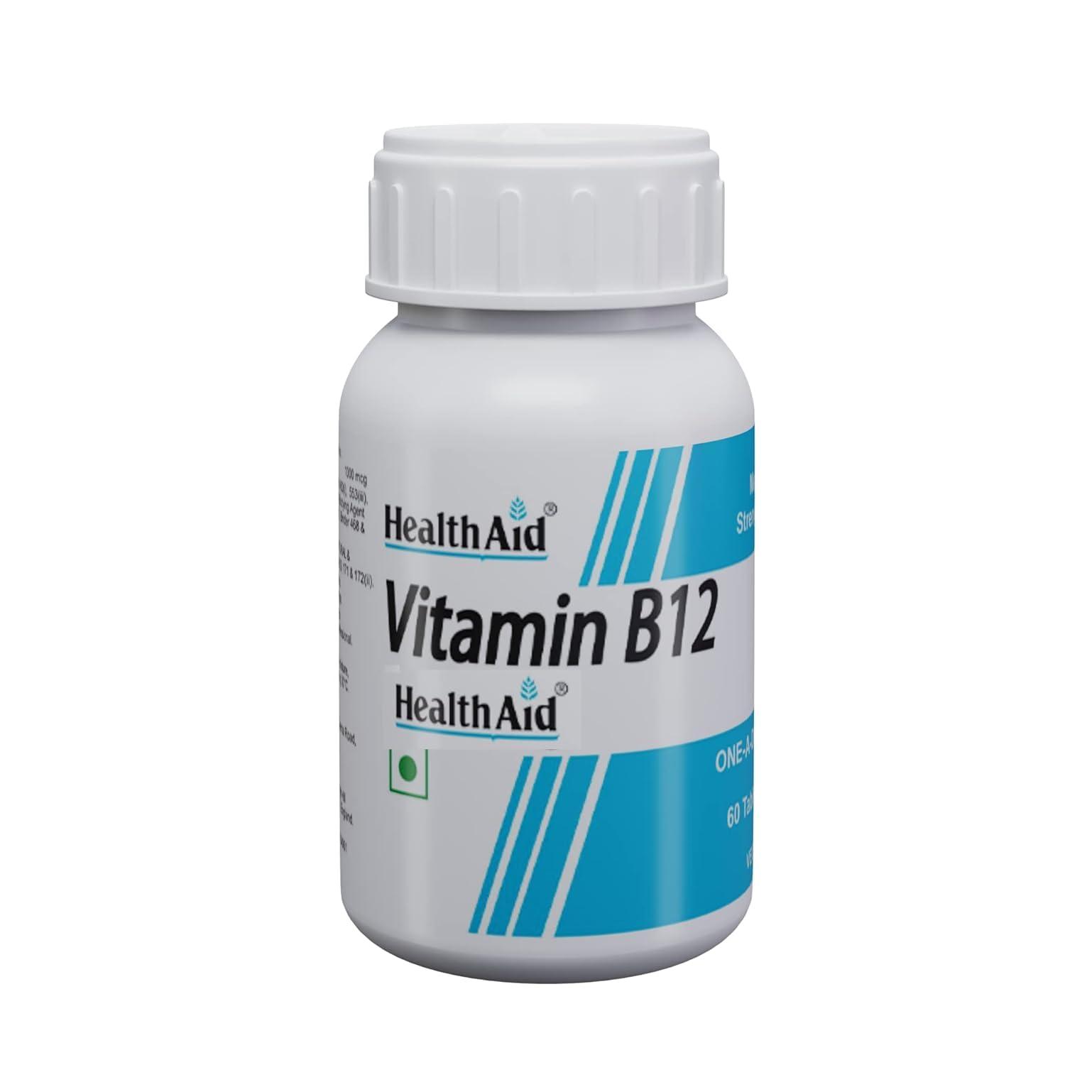 Health Aid HealthAid Vitamin B12 Supplement for Men & Women | helps reduce fatigue and helps improve blood circulation| Supports overall well-being - 120 Vegetarian Tablets