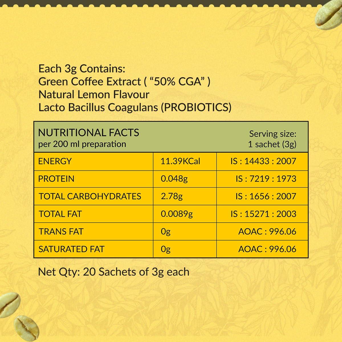 GreenBrrew Greenbrrew Instant Lemon Coffee Mix | 100% Unroasted Arabica Coffee Beans | Green Coffee Extract (\"PL-AAA\") + Probiotics | Hot & Cold Coffee | 20 Sachets, 60g Each - (Pack Of 3)