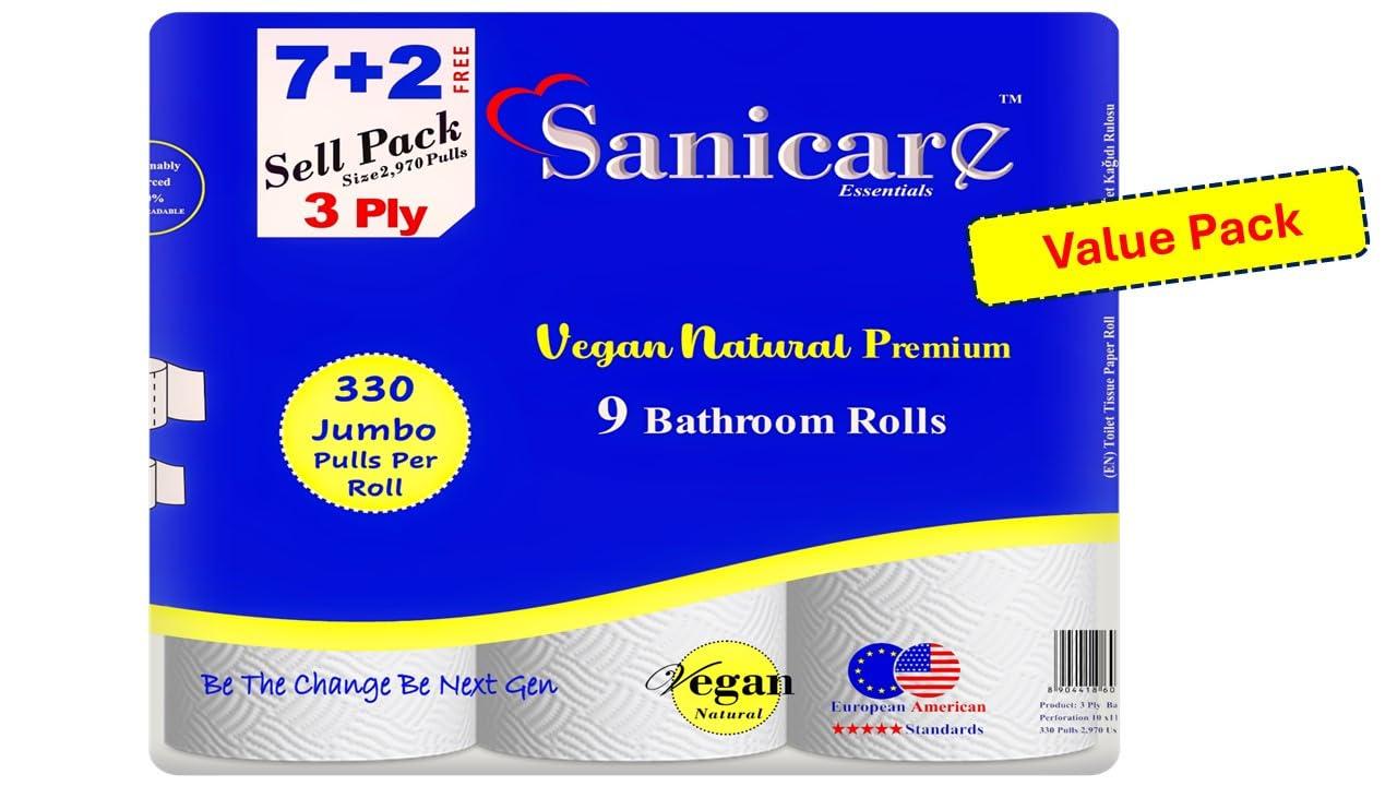 Sanicare Essentials Sanicare Toilet Paper 3 Ply VEGAN 7+2 (9 XXL Size Rolls Pack) American Size Rolls With 330 Pulls Per Roll (2970 Pulls Per Pack)