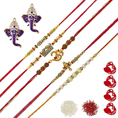 Feastive Celebrations Feastive Celebrations Bikanervala Chocolate Pralines Tray (16 Pcs) with a set of 5 Blessed Rakhis , a pair of Ganesha Soan, Pooja Rakhi, Kesar(branded) and Chawal. Complimentary Surprise gift for your