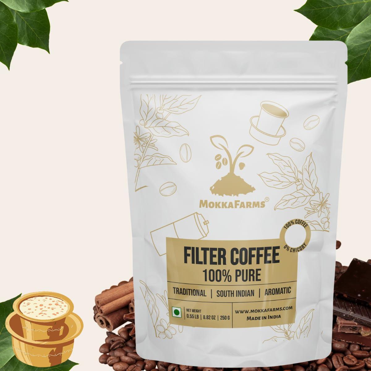 MOKKAFARMS MokkaFarms Traditional South Indian Filter Coffee - 100% Pure Arabica 100g | 0% Chicory | Fresh Roast & Ground, Pure, Rich, Flavor, Aroma | Farm to Fork, Estate Coffee | One-way Valve Zip-lock Bag |