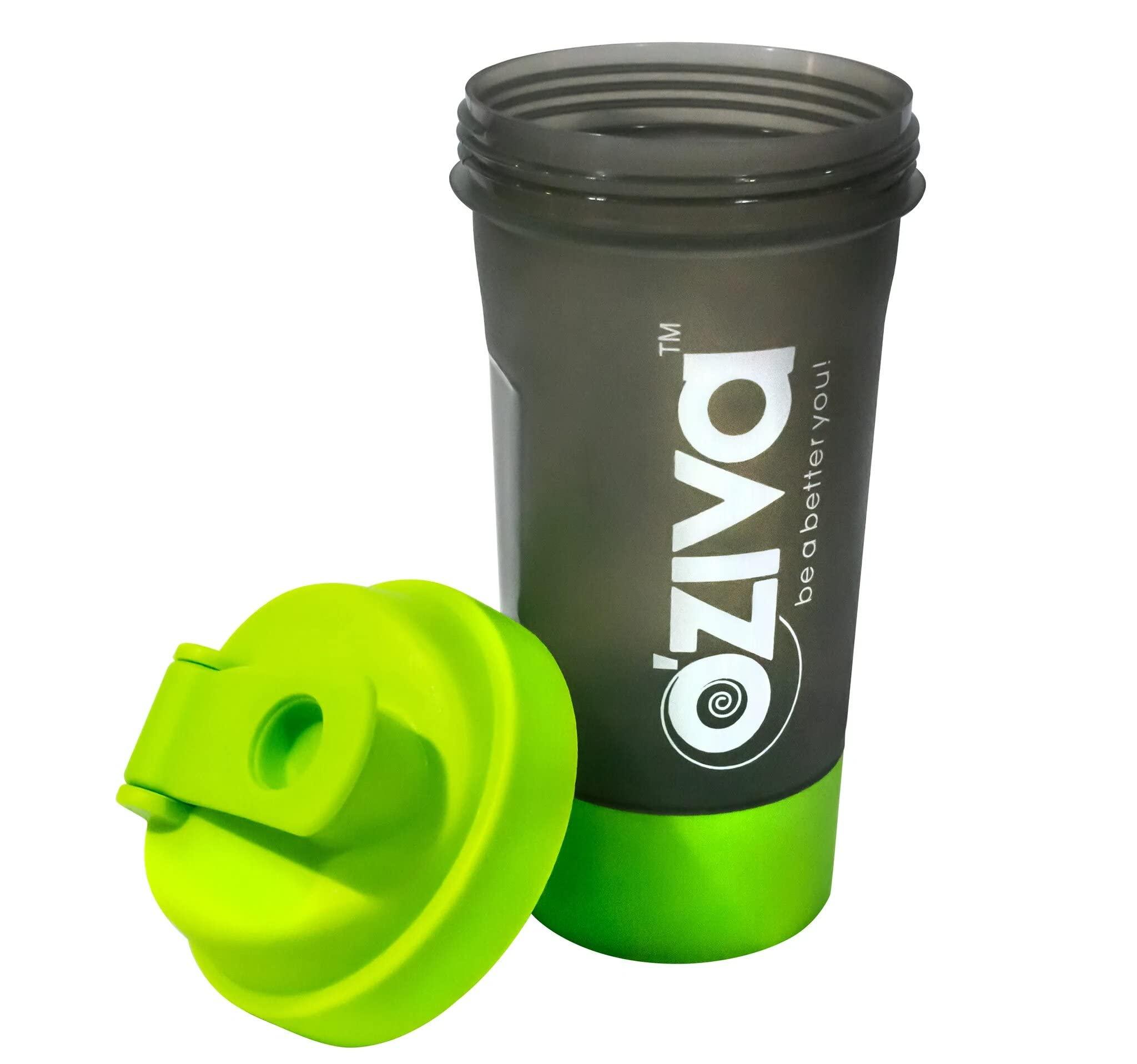 OZiva OZiva Gym Shaker Green Top, 600ml with Detachable Storage Compartment & Mesh strainer, Shaker for Protein Shake, Gym & Shakes