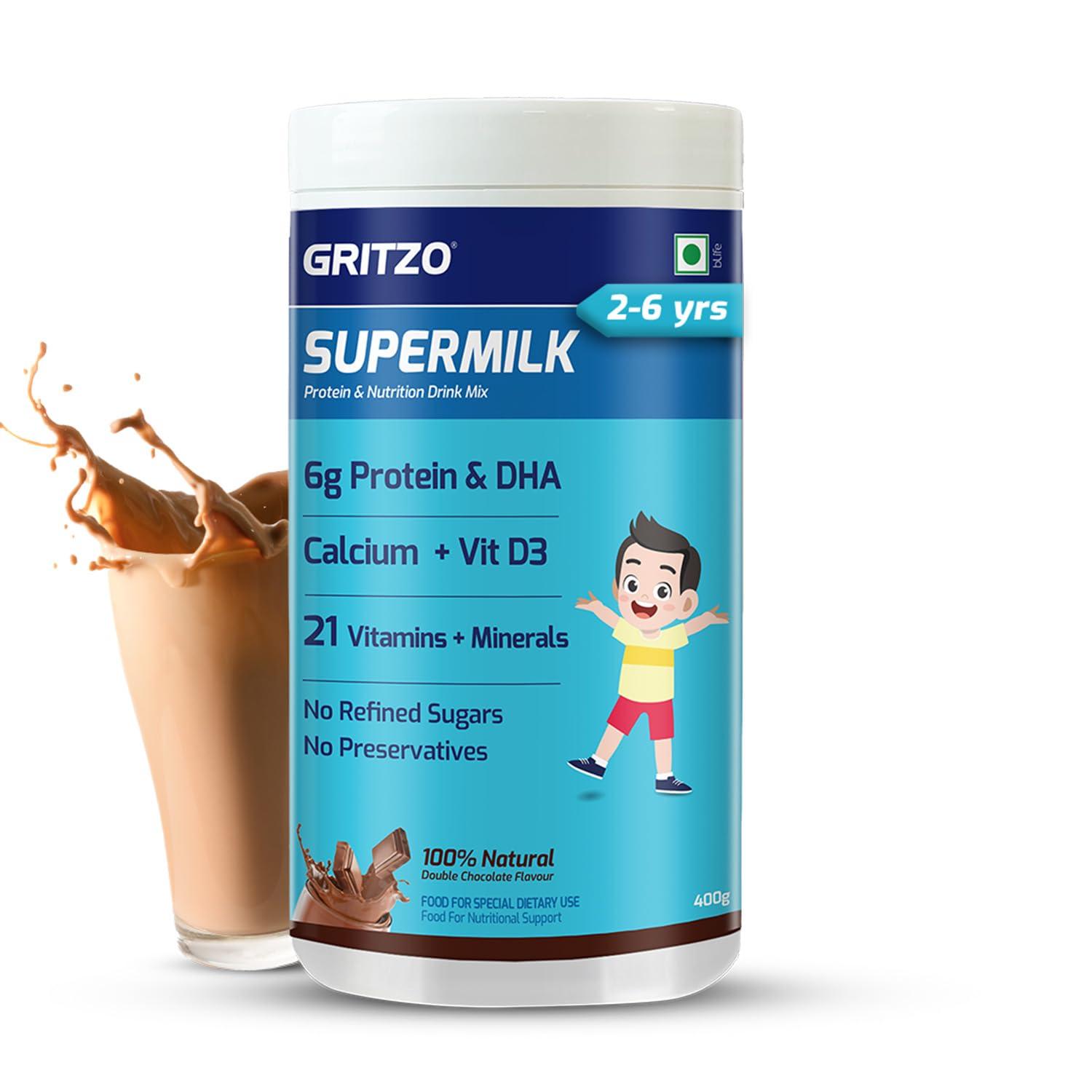 Gritzo Gritzo SuperMilk Overall Growth (2-6y), 6g Protein Powder (Double Chocolate, 400g) | Zero Refined Sugar, 21 Vitamins & Minerals