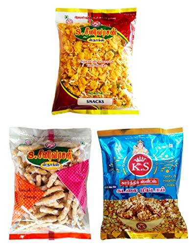 S. SEENIVASAN MITTAI KADAI S SEENIVASAN Corn Mixture 250g | Sweet Sevu 250g | Kovilpatti Kadalai Mittai 250g - Pack of 3 (750g)