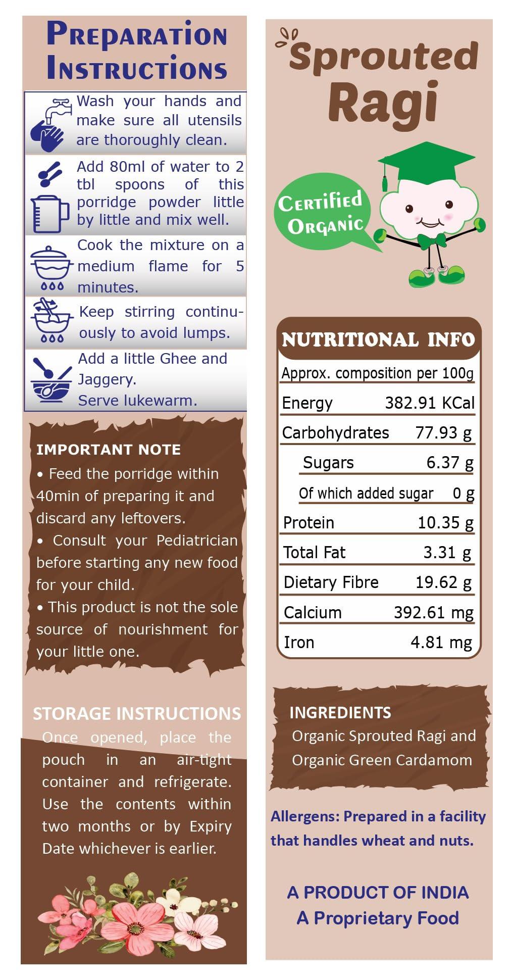 TUMMYFRIENDLY FOODS ; BIO-AVAILABLE NUTRITION TummyFriendly Foods Certified Organic Sprouted Ragi Flour For Little Ones. Made of Organic Sprouted Ragi Powder. Sprouted Ragi powder, rich in Calcium, Iron, Fibre & Micro-Nutrients. No Sugar, No Salt, No Milk, No Chemicals, No Pesticides. Ragi Sari