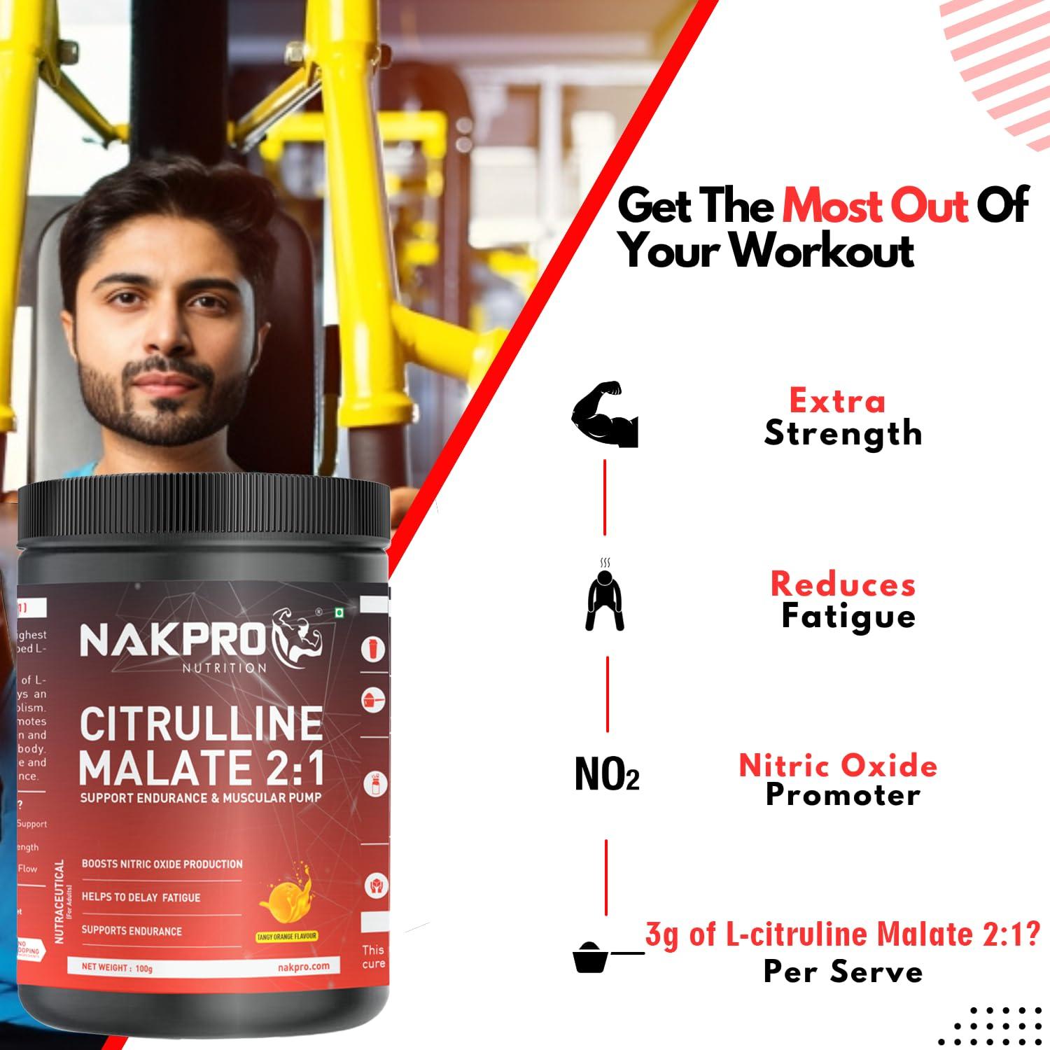 NAKPRO NAKPRO Citrulline Malate Powder-Jar | 2g Citrulline Per Serving | Supports Endurance & Muscle Strength | Easily Dissolve (Tangy Orange, 100g)