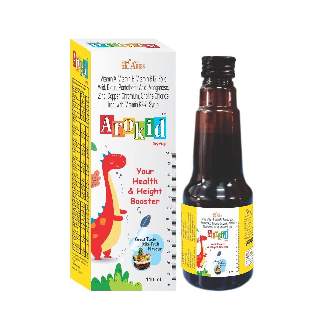 Arokid Arokid Aries Multivitamin&Multimineral Syrup For Kids With Iron,Zinc,Vitamin A,E,B12&K2-7 Health-Height Booster Great Taste Of Mix Fruit Strong Muscle And Better Immunity 110Ml(Pack Of 1)