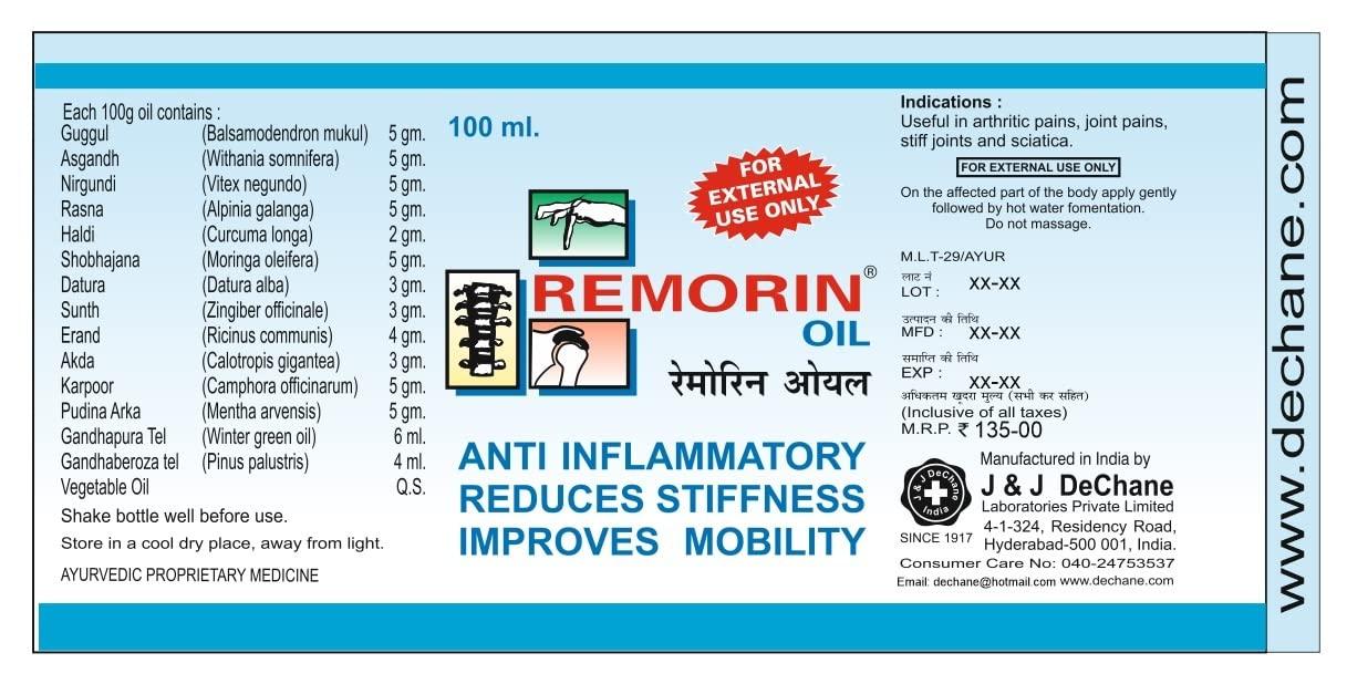 J & J DECHANE J & J DeChane - Remorin 100ml Oil - Pack of 5 - Oil for Joint Pains