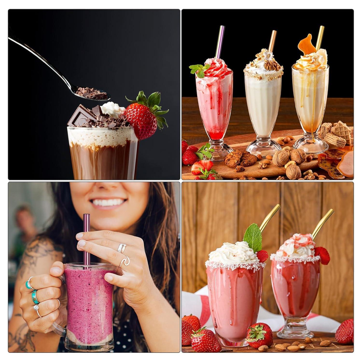 Generic 6 Pcs Stainless Steel 2-in-1 Straw Cum Spoons | Reusable Straw Spoons | Long Spoon Straws for Ice Tea, Milkshake, Drinks (Golden, 6 Straws and 1 Cleaning Brush)