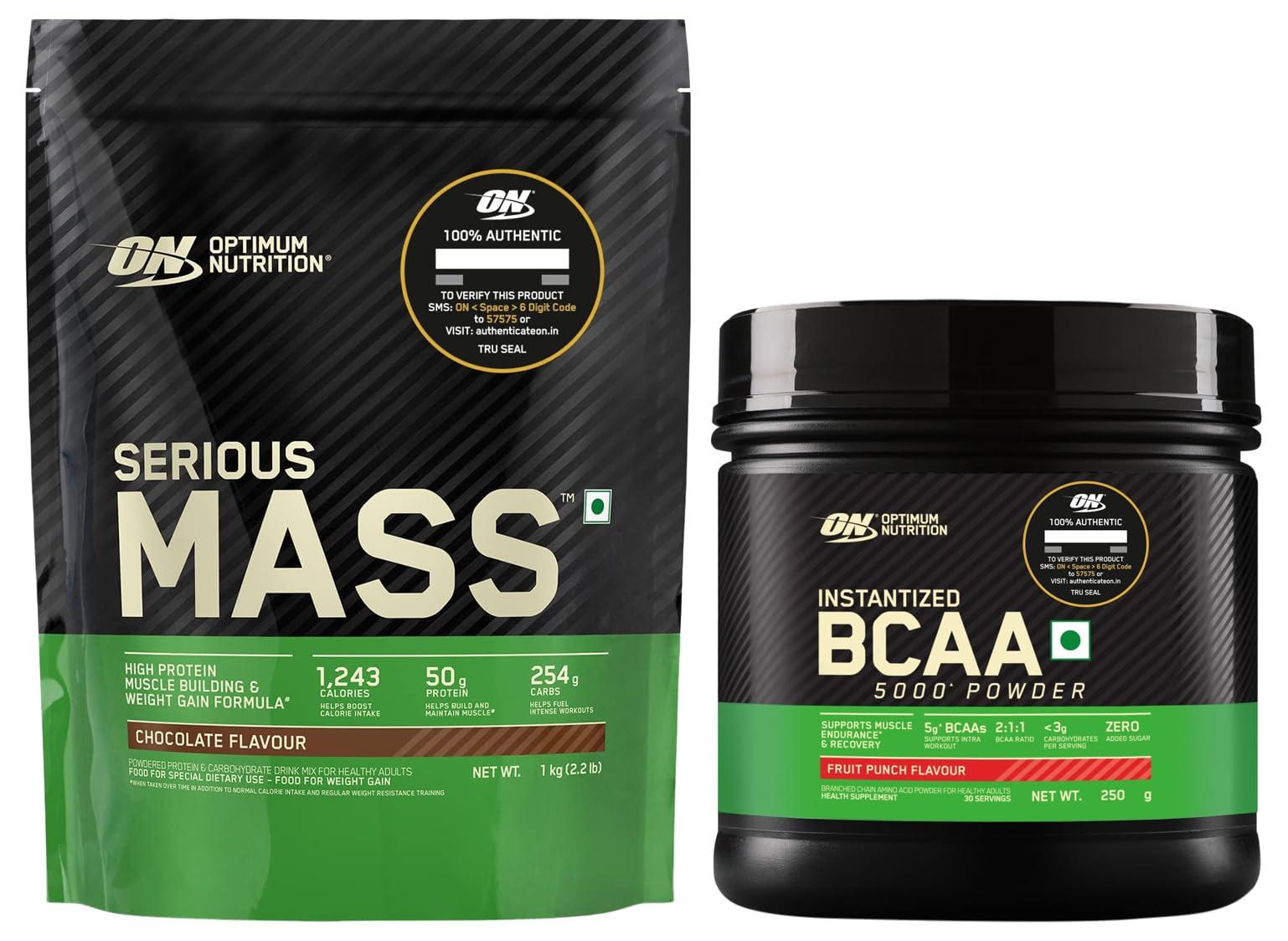 OPTIMUM NUTRITION OPTIMUM NUTRITION (ON) Serious Mass Gainer powder (Veg) - Pack of 1 kg (Chocolate) & Optimum Nutrition BCAA, 5g BCAAs in 2:1:1 Ratio, 30 servings (250gm, Fruit Punch) COMBO