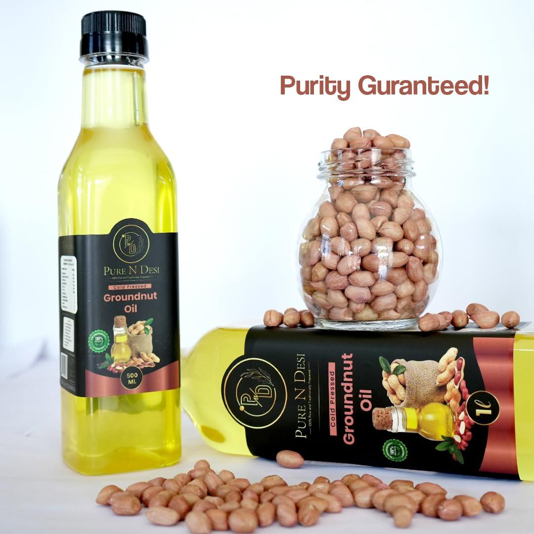 PURE N DESI PURE N DESI Cold Pressed Groundnut Oil 500 ml | Wood Pressed Peanut Oil | Mungfali Ka Tel | Kachi Ghani Groundnut Cooking oil 500 ML