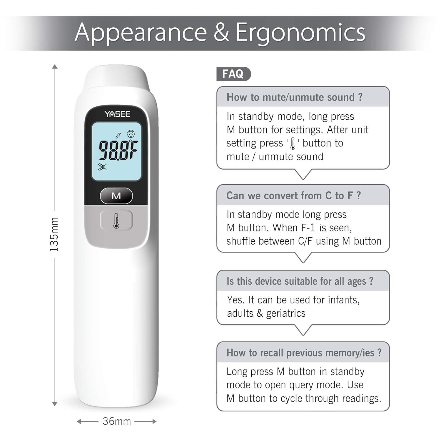 MCP YASEE Forehead Non-Contact Infrared Thermometer for Kids, Adults, and Baby Support with Digital Instant Read, Fever, Alarm, Memory Function, and Large LED Display (JA-11A)