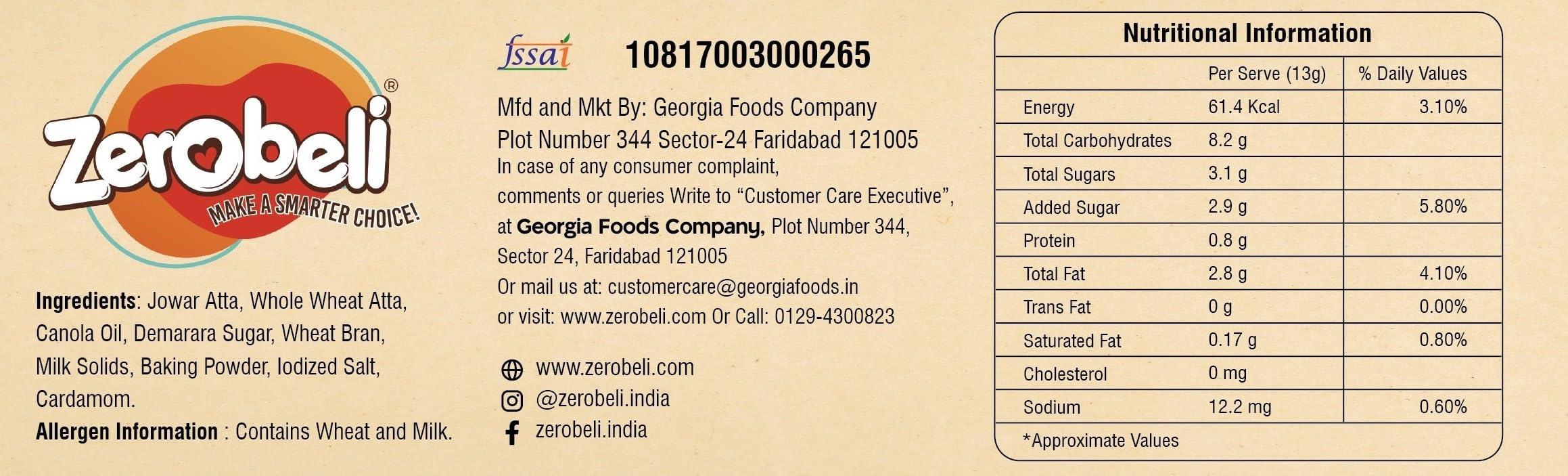 Zerobeli Zerobeli Jowar Atta Biscuits with Elaichi 750g (375g x 2) |Premium Handmade Atta Biscuits| No Refined White Sugar, No Palm Oil, Preservatives or Colors|