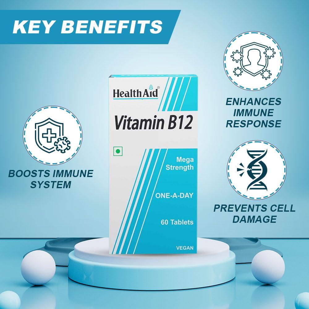 Health Aid HealthAid Vitamin B12 Supplement for Men & Women | helps reduce fatigue and helps improve blood circulation| Supports overall well-being - 120 Vegetarian Tablets