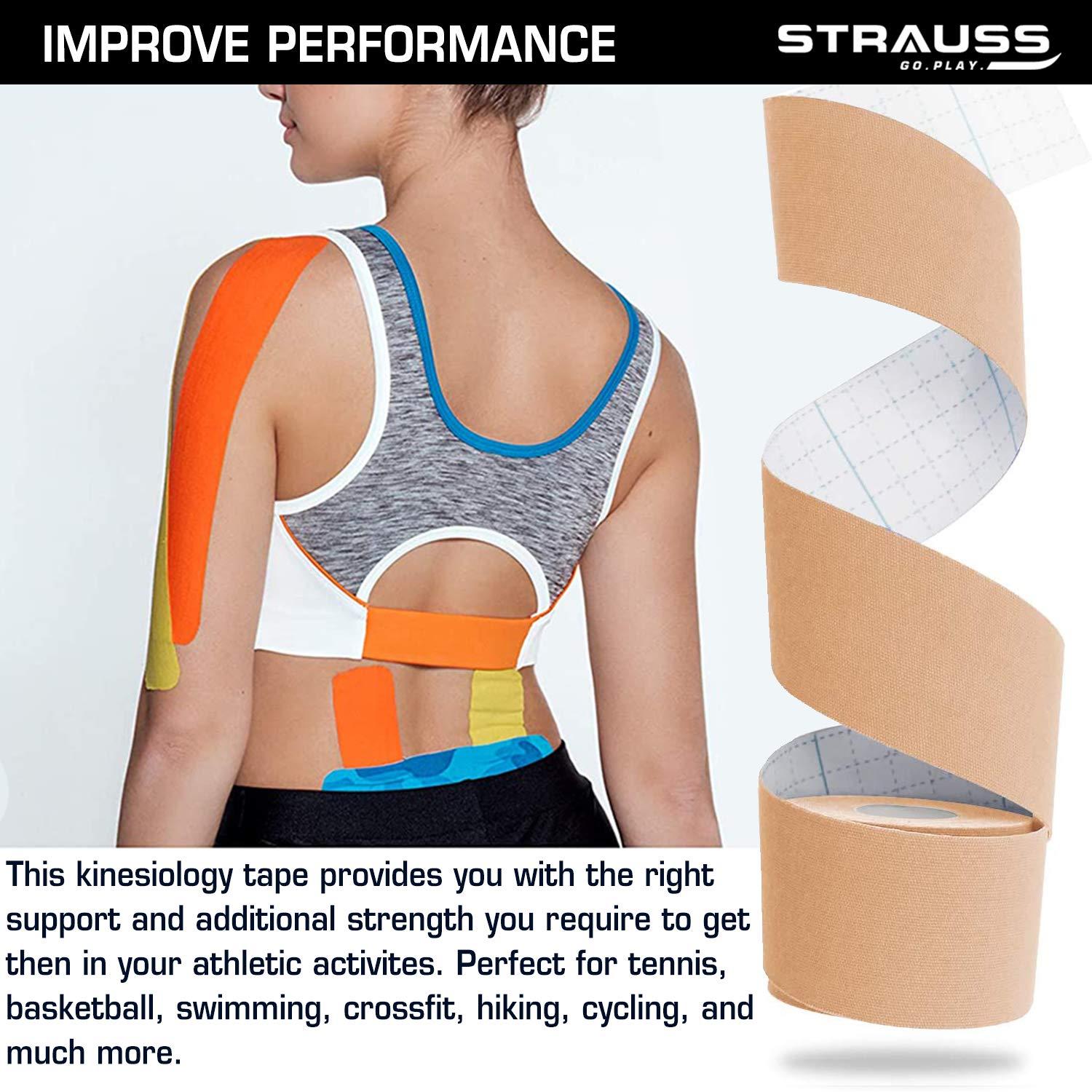 STRAUSS STRAUSS Kinesiology Sports Tape for Knee,Calf & Thigh Support|Waterproof Athletic Sports Tape for Muscle Support,Hand Leg Joint Support & Physiotherapy|Kinesio Tape for Sports Injury,(Beige)