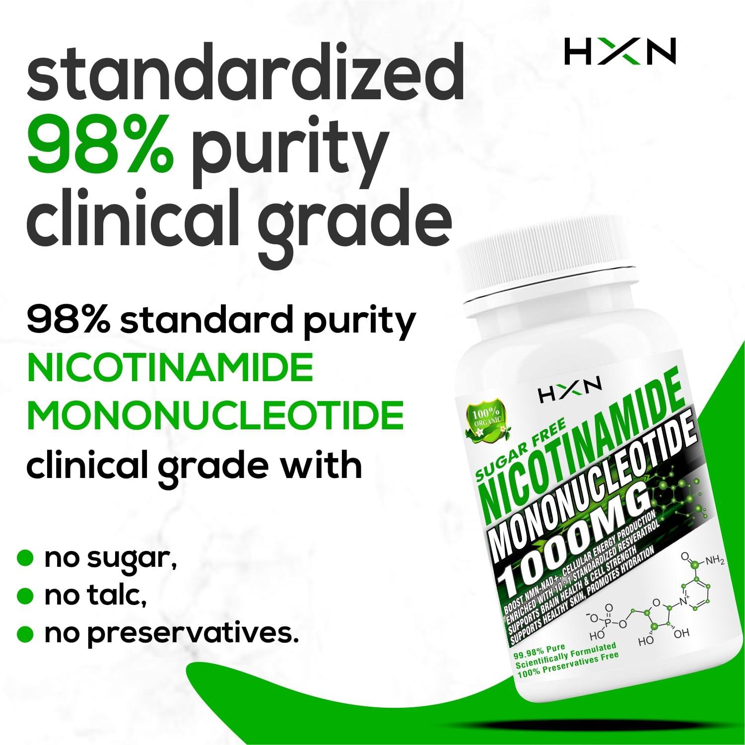HXN HXN Nicotinamide Mononucleotide NMN Supplements 1000mg With Trans Resveratrol, Ultra High Strength 99.98% Pure NAD Plus Supplement-60 Sugar Free Tablet (Pack 1) (midium, 60)