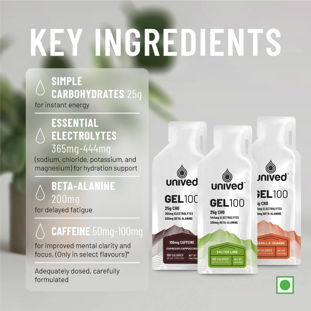Unived Unived Gel 100 - Vegan Energy Gel for Endurance Athletes Runners & Cyclists - 100kcal - Espresso Cappuccino - 100mg Caffeine - Pack of 6