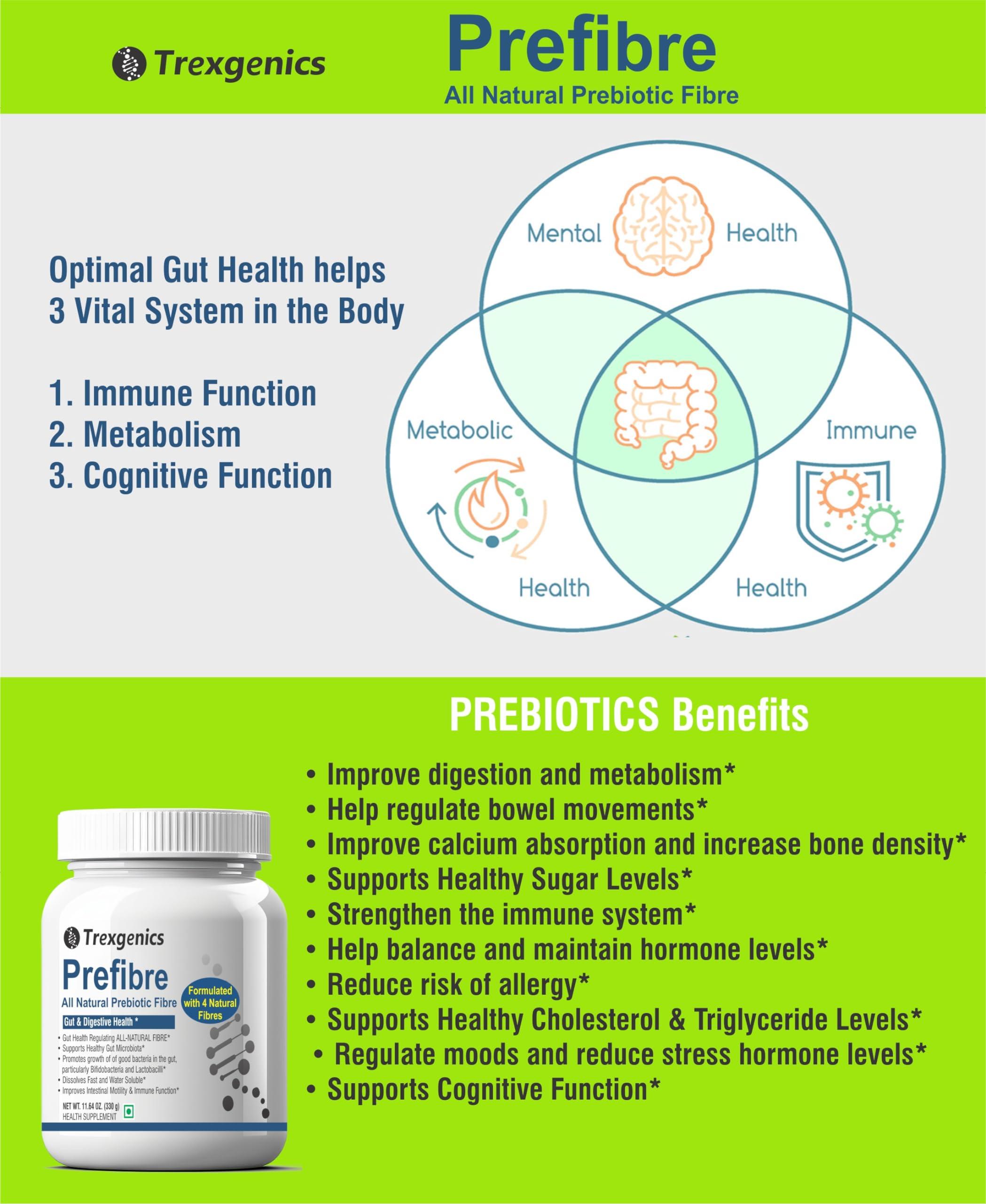 Trexgenics Trexgenics PREFIBRE 4X Natural PREBIOTIC FIBRES -Digestive & Gut Health Support, Frutafit HD Inulin, Fossence Fructooligosaccharides, Sunfiber PHGG & Gum Acacia Fibre, VEGETARIAN(330 gram) (Pack of 1)