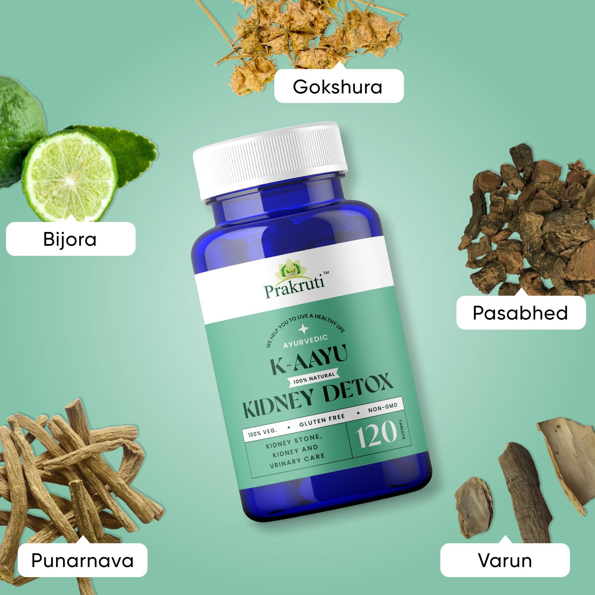 Prakruti Pure Herbs Prakruti K-Aayu Ayurvedic Tablets for Kidney(Problems) & Creatinine | Kidney Stone and Detox | Made With Punarnava, Varun and Bijora (Pack of 2X120 Tab.)